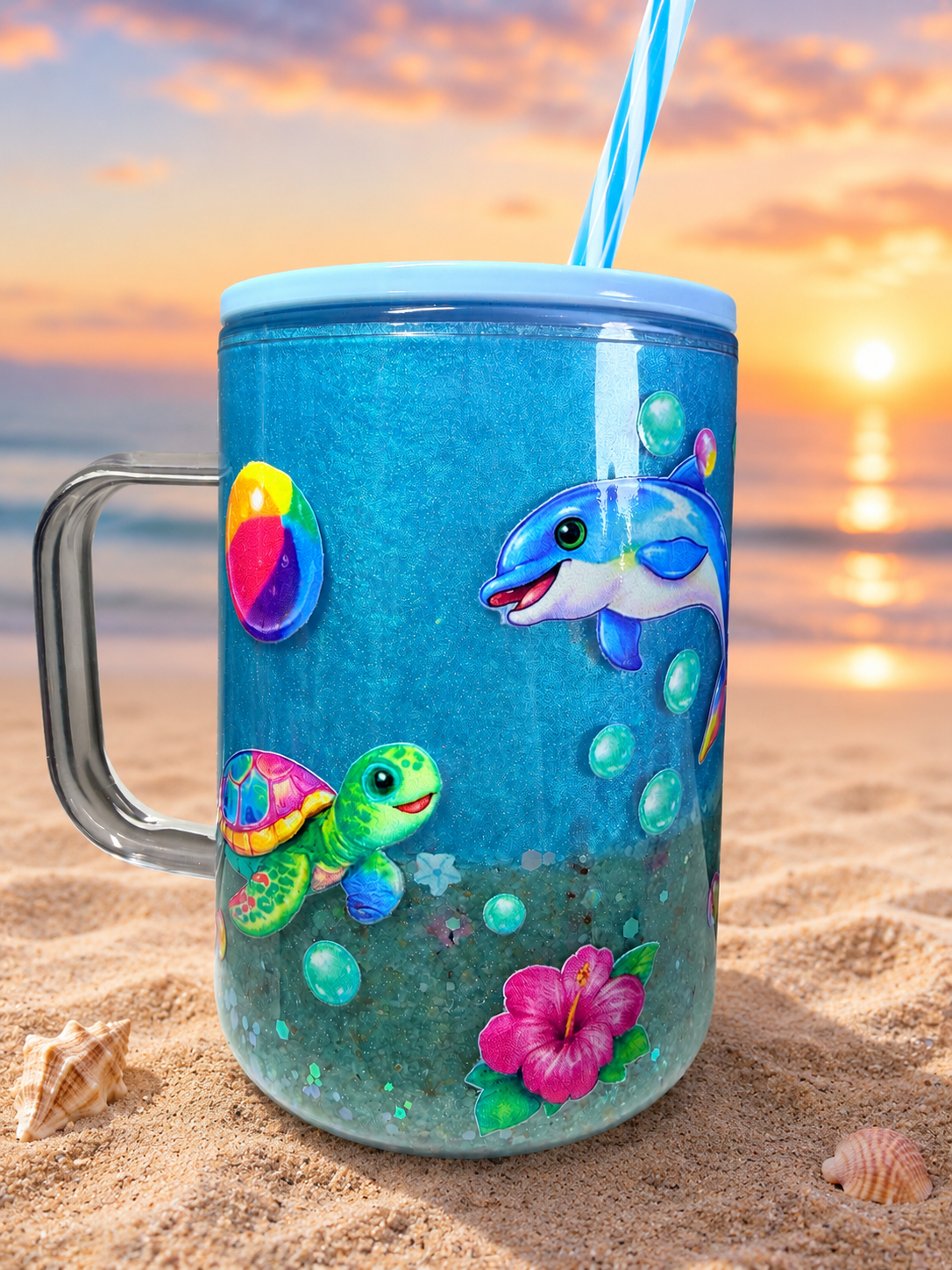 Acrylic coffee mug with dolphin, turtle, and flower graphics, blue tumbler with lid.