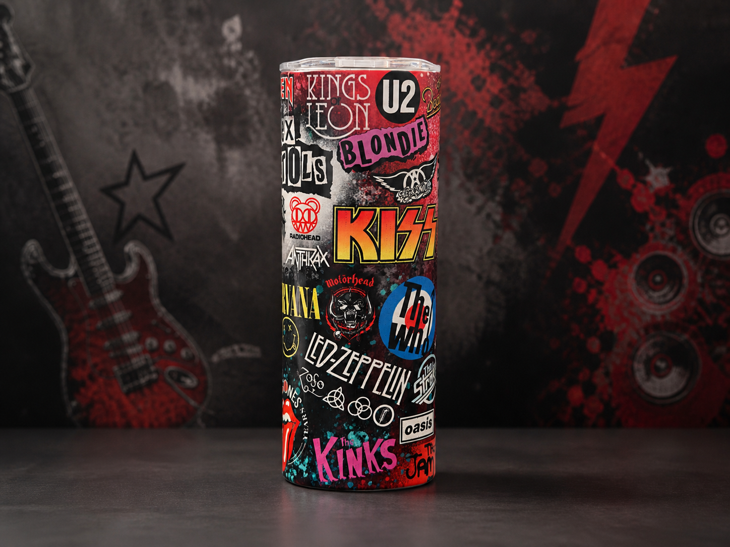 Stainless steel cup with colorful rock band print, vertical cylindrical design