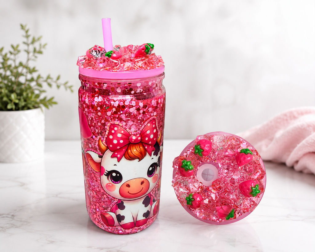Pink glitter acrylic cup with cow strawberry character, flip-top lid and pink straw