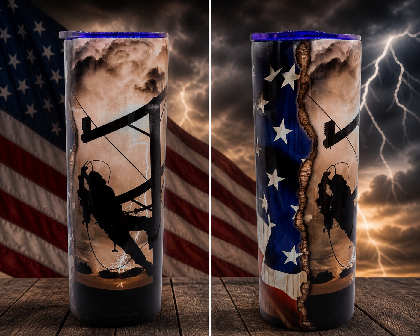 Stainless steel tumbler with cowboy silhouette and American flag graphic, blue and stars