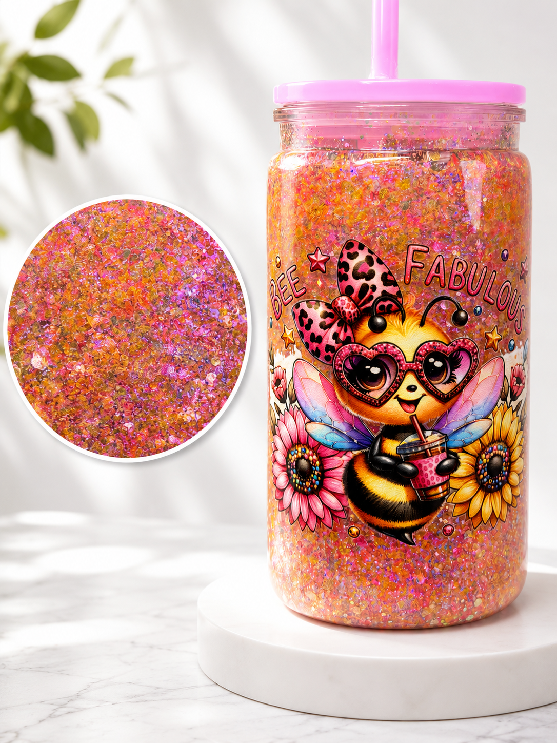 Pink glitter acrylic snow globe tumbler with cartoon bee and heart 'Fabulous' design