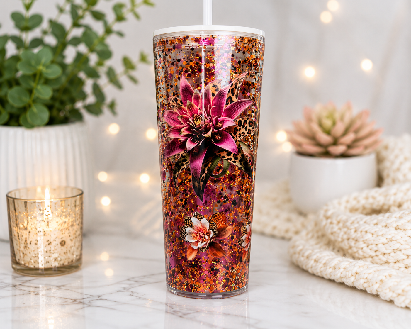 Purple glitter tapered acrylic tumbler with purple flower, orange cheetah speckle, clear straw lid