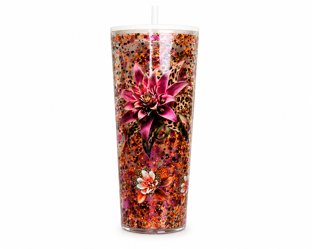 Purple glitter tapered acrylic tumbler with large purple flower and cheetah pattern, clear lid