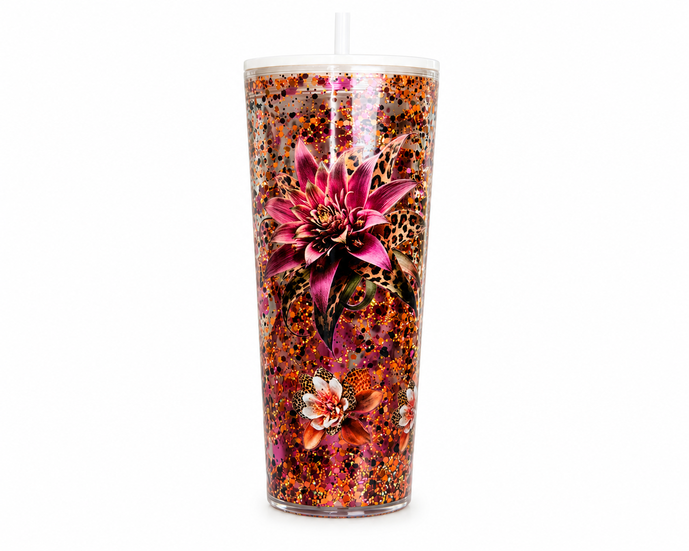 Purple glitter tapered acrylic tumbler with large purple flower and cheetah pattern, clear lid