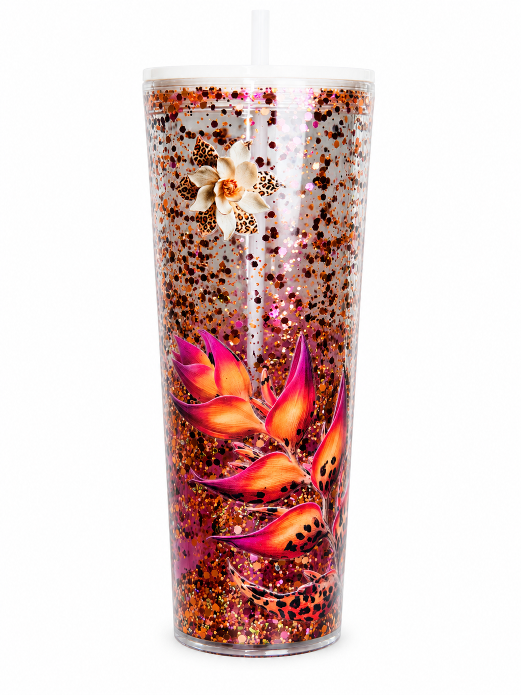 Purple-orange glitter tapered acrylic tumbler with floral cheetah design, clear straw lid