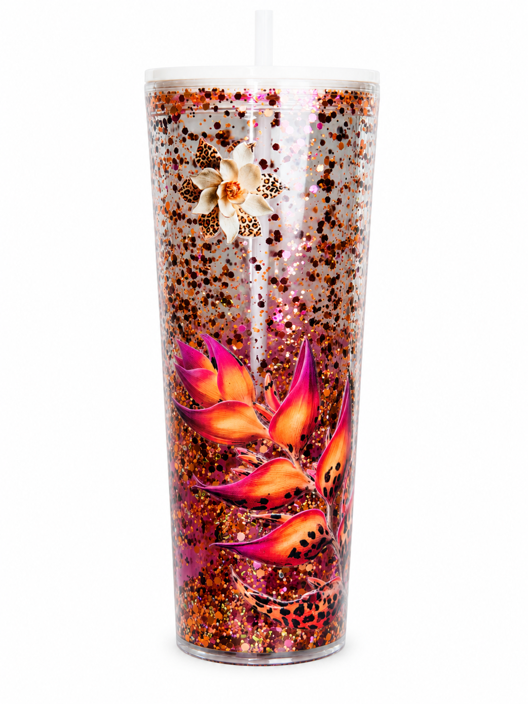 Purple-orange glitter tapered acrylic tumbler with floral cheetah design, clear straw lid