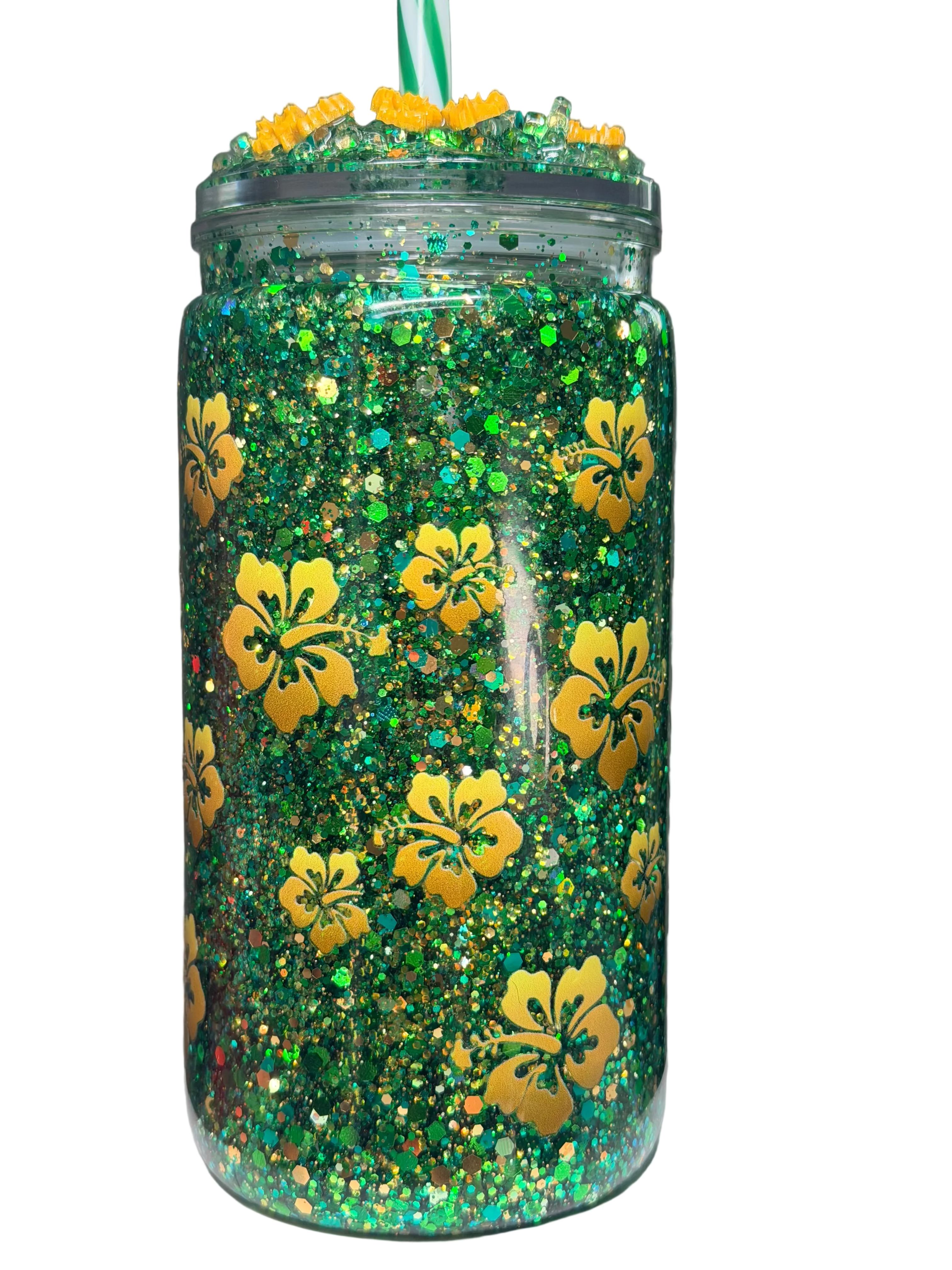 Glitter acrylic tumbler with green butterfly floral pattern and dome lid with straw