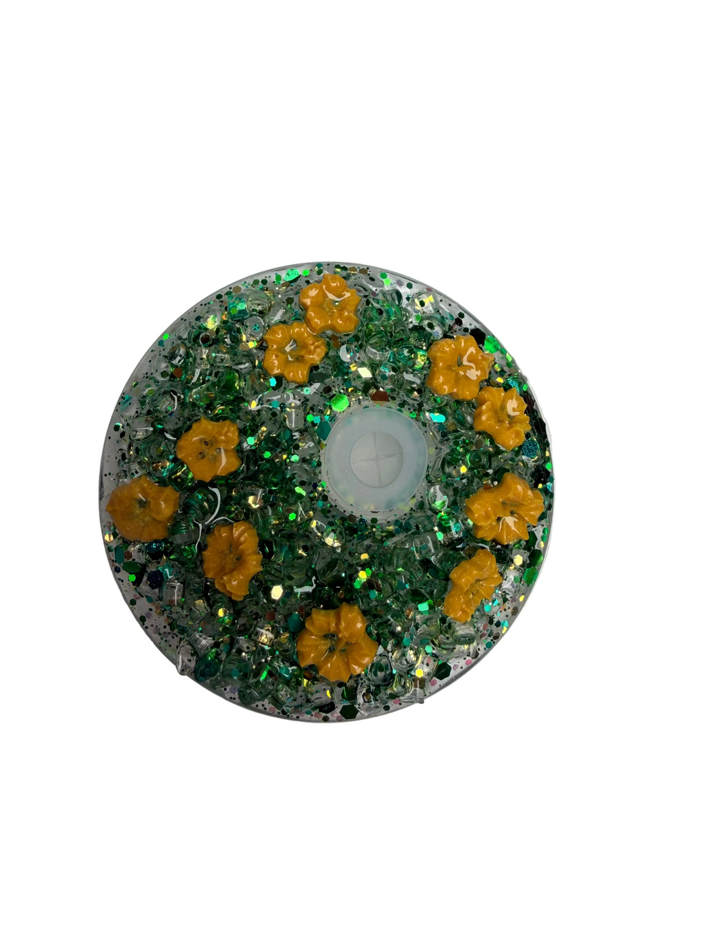 Glitter acrylic tumbler top with clear center window and green gold snow-globe glitter
