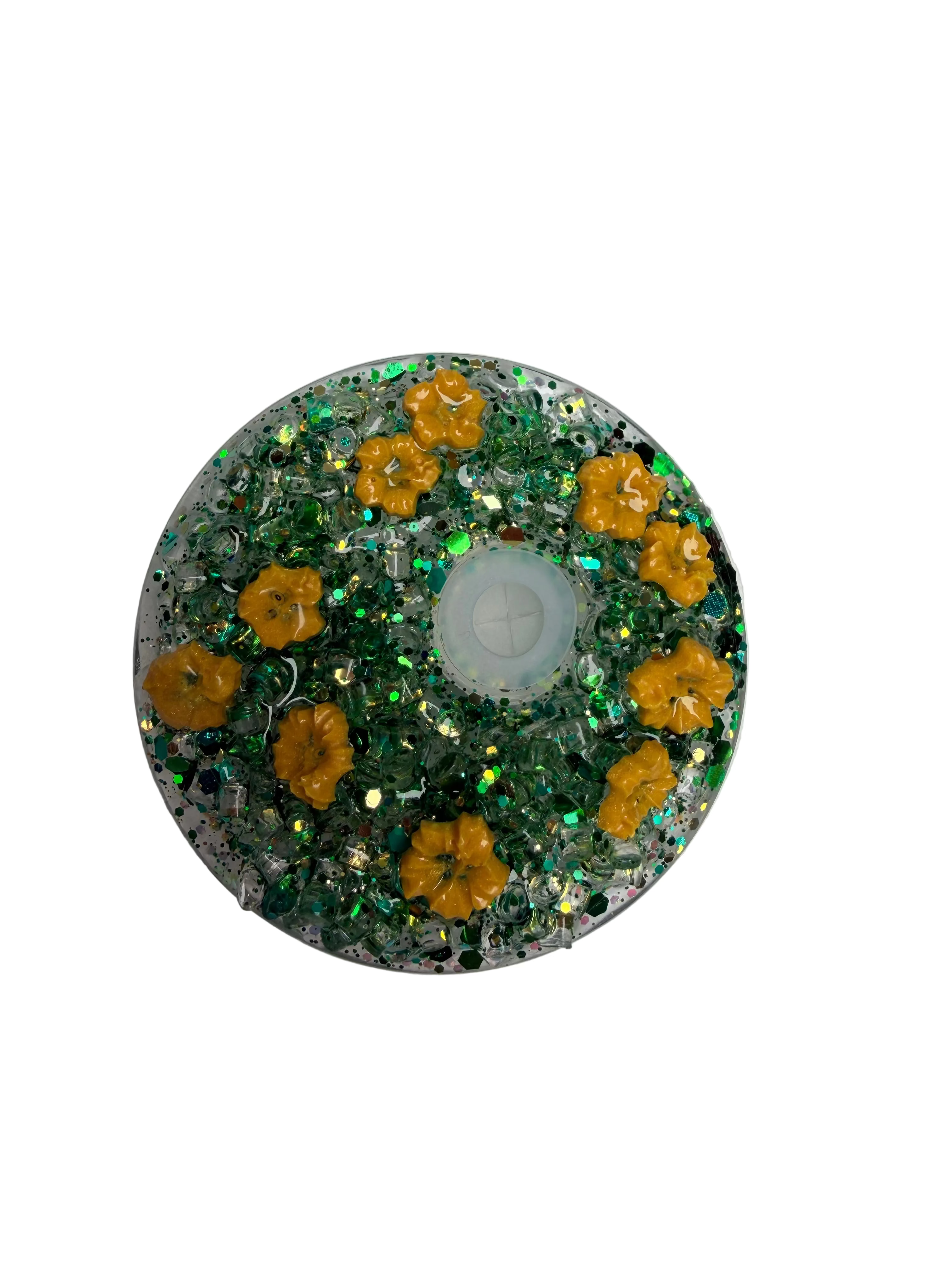 Glitter acrylic tumbler top with clear center window and green gold snow-globe glitter
