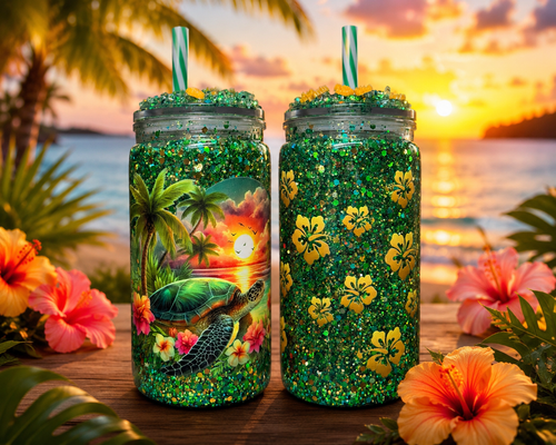 Two glitter acrylic tumblers: sunset turtle and floral butterfly, both with straw lids