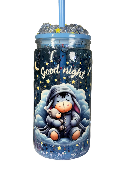 Blue snow globe tumbler with straw; winter character and “Good night” print