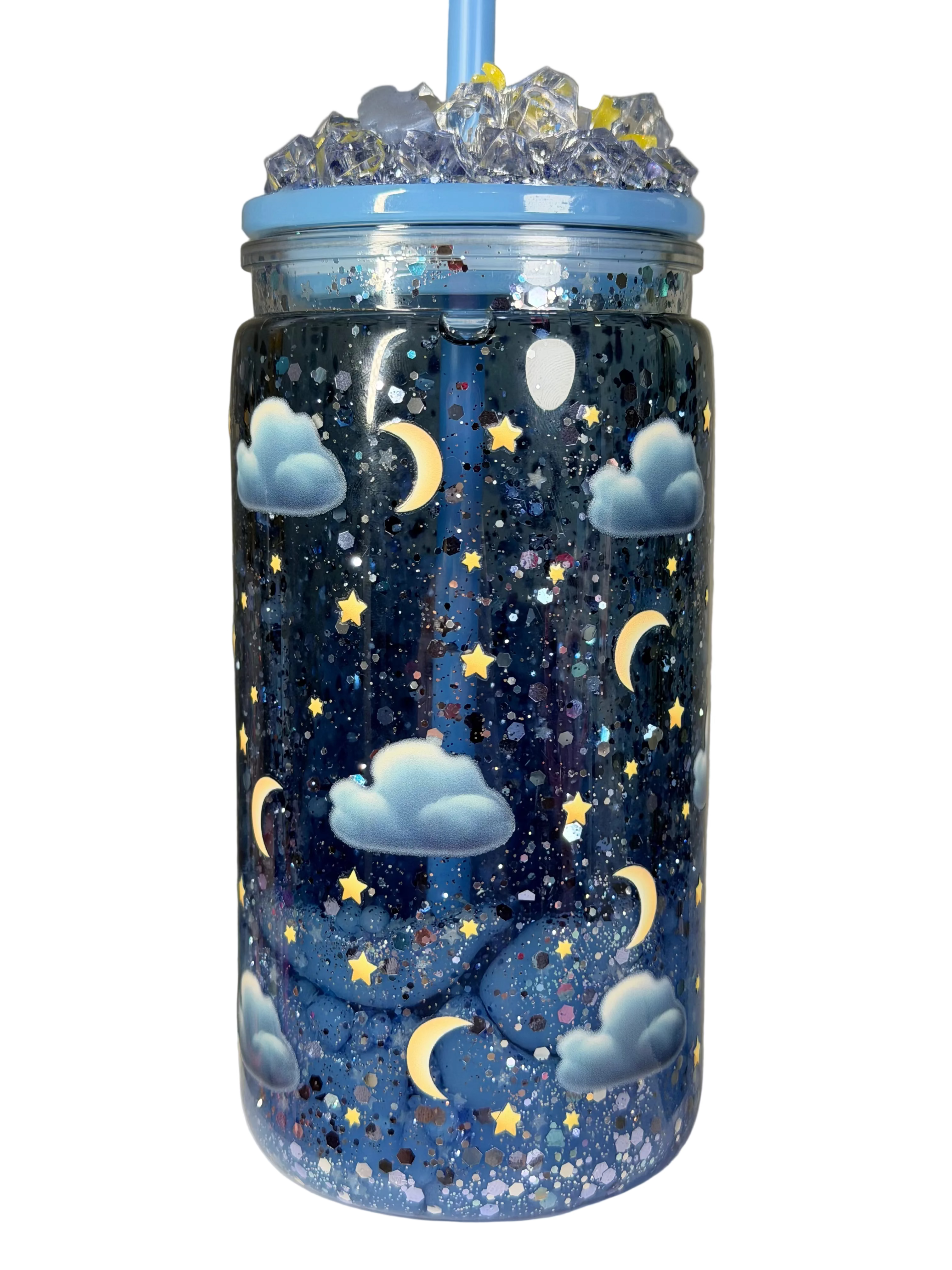 Blue snow globe tumbler with straw; clouds, moons, and stars night scene print