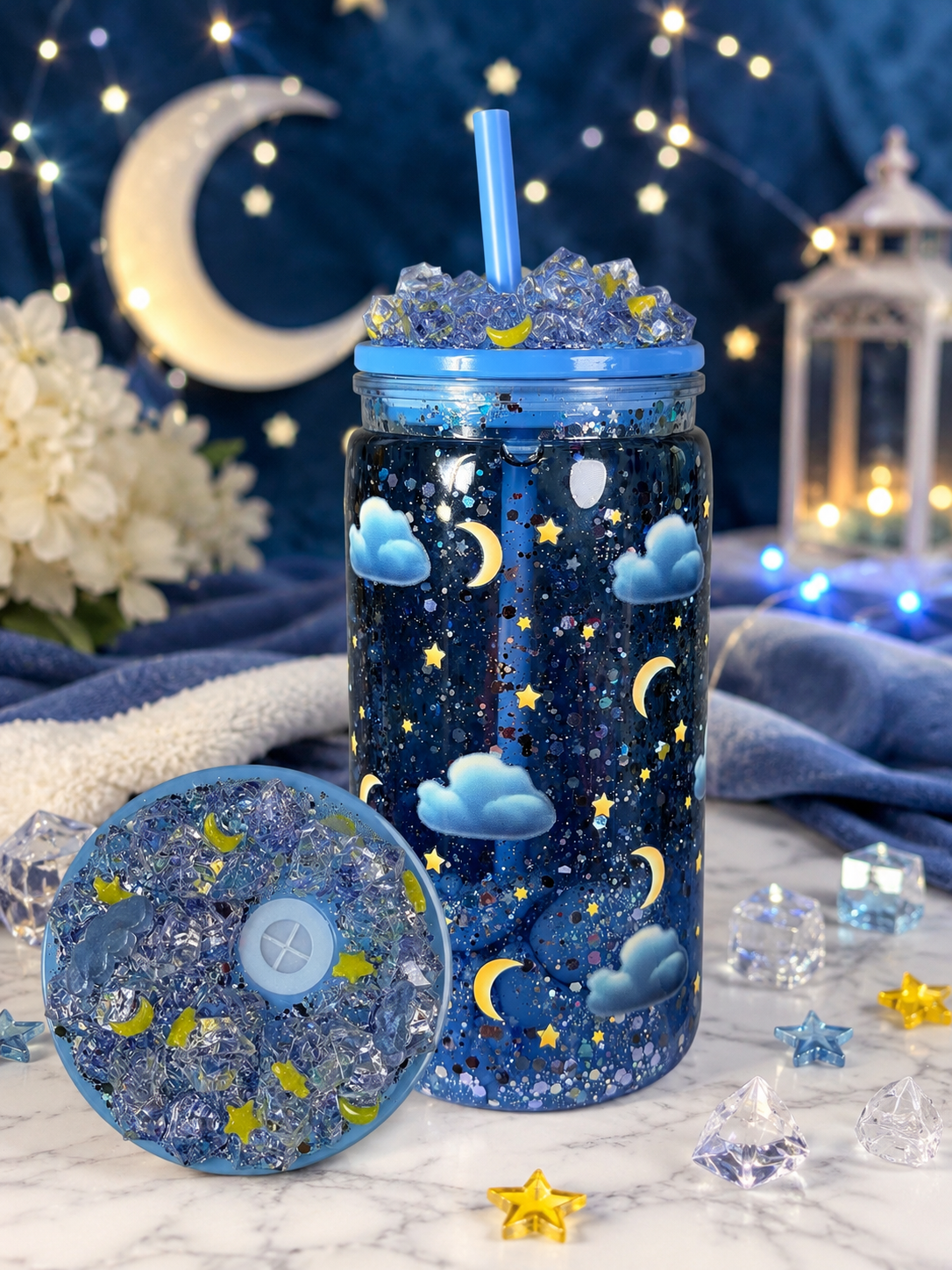 Blue snow globe tumbler with straw and glitter-filled lid; visible stars and crystals