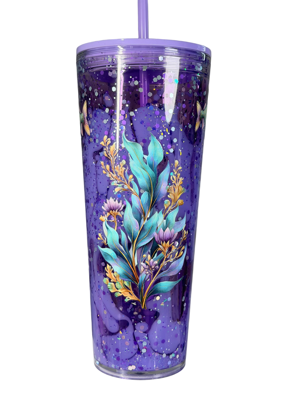 24 oz acrylic tapered tumbler with lid and straw, purple floral and teal sea plant design