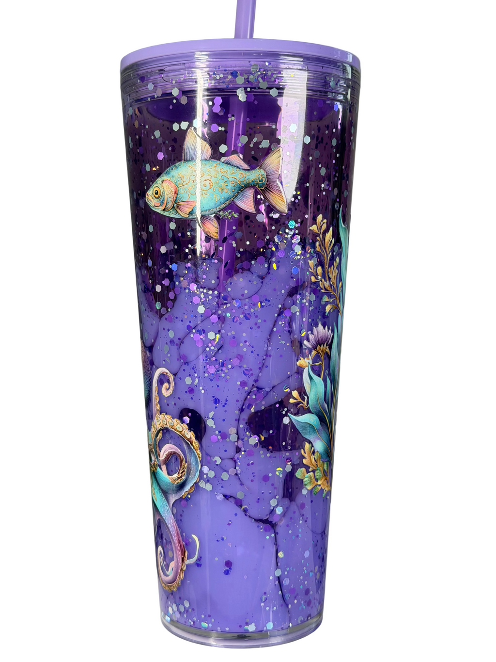 24 oz acrylic tapered tumbler with lid and straw, purple underwater sea turtle artwork