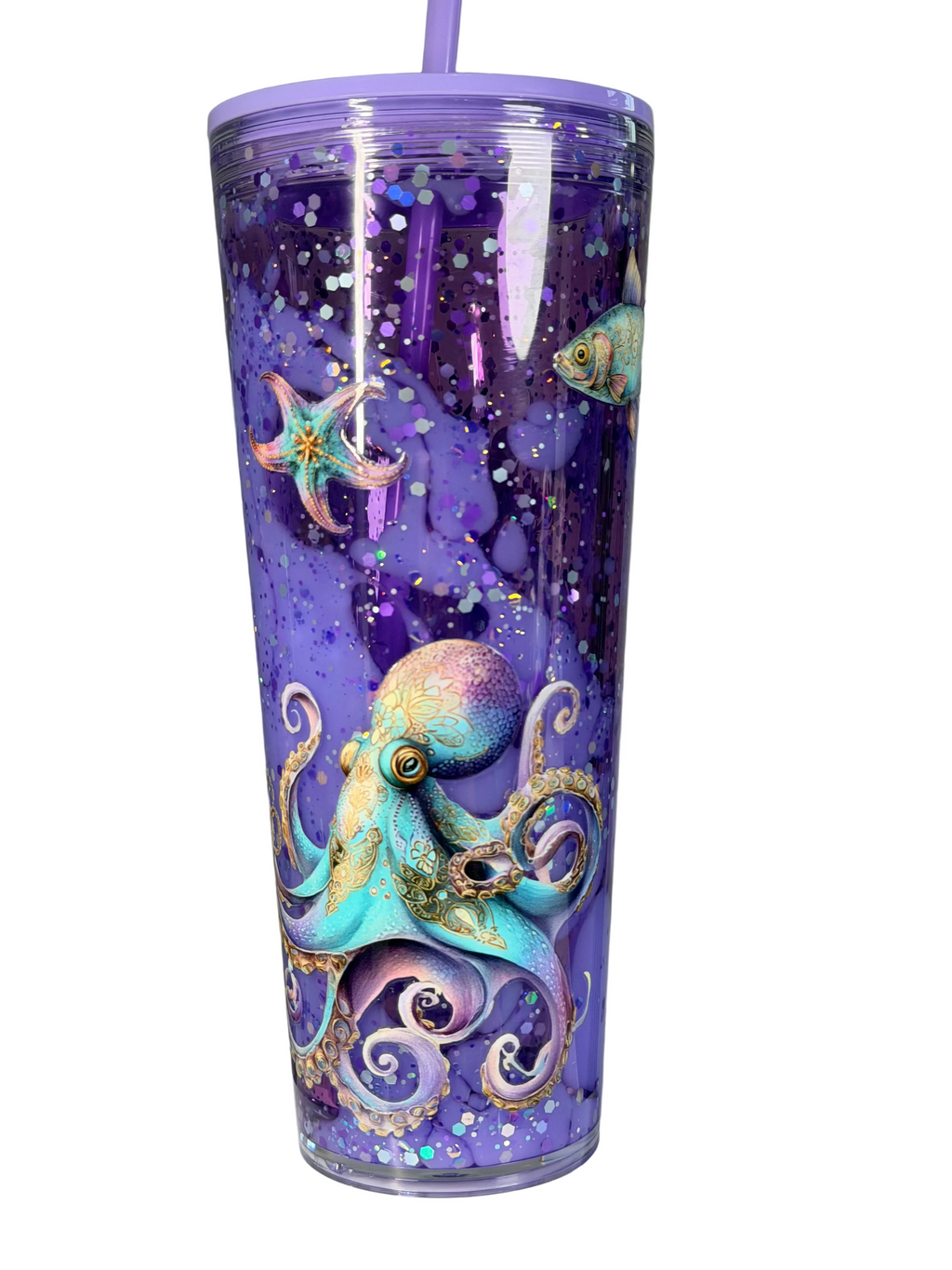 24 oz acrylic tapered tumbler with lid and straw, purple underwater octopus and shell artwork