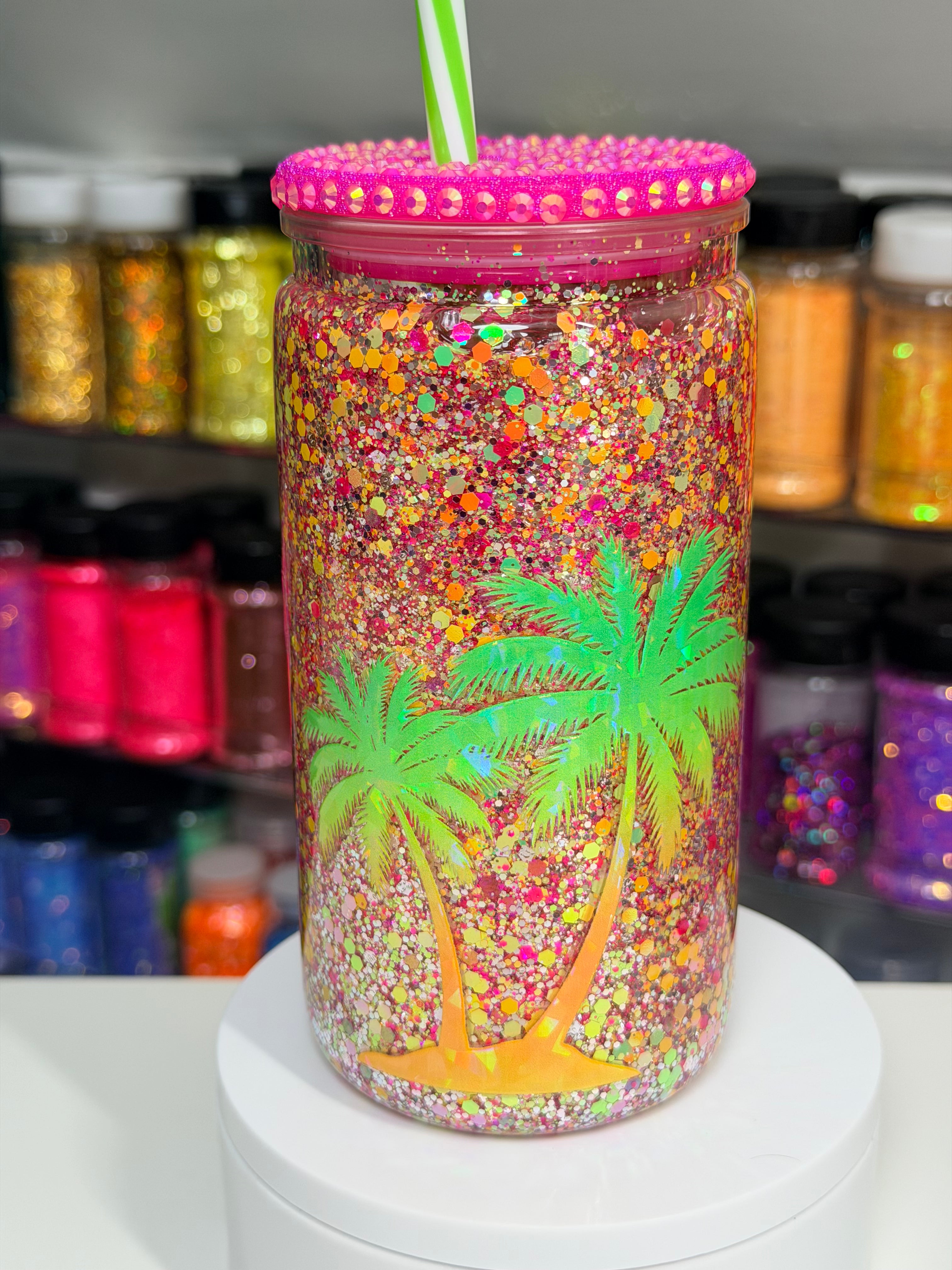 16oz acrylic snow globe tumbler, palm tree glitter wrap, pink lid with green straw