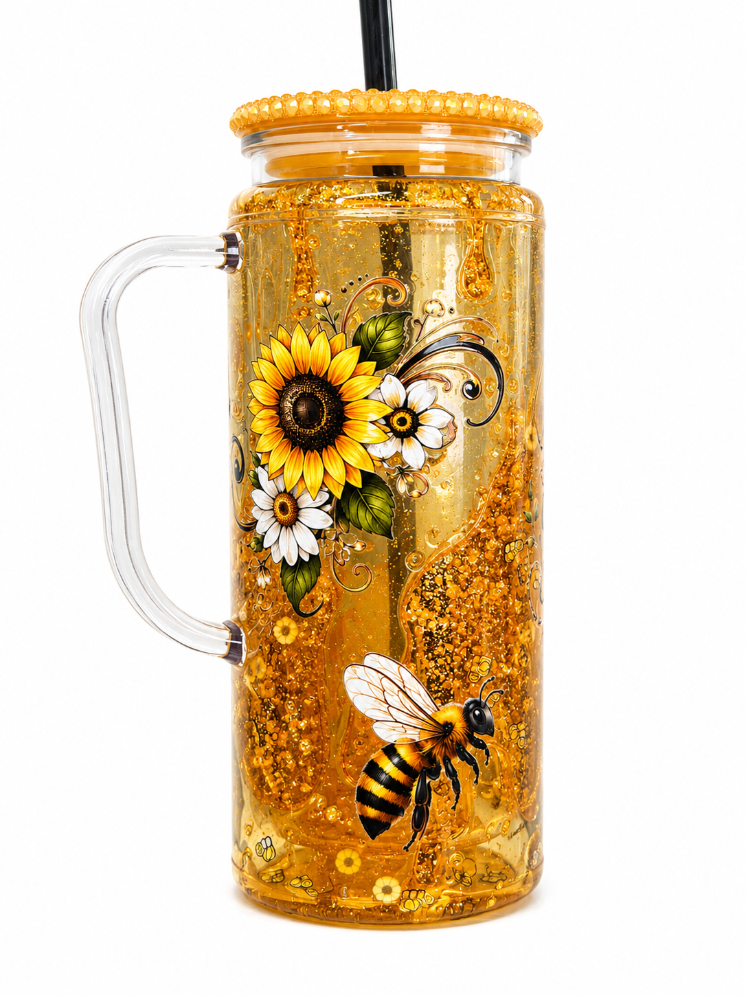 Amber glitter acrylic snow globe tumbler with handle, sunflower and bee design