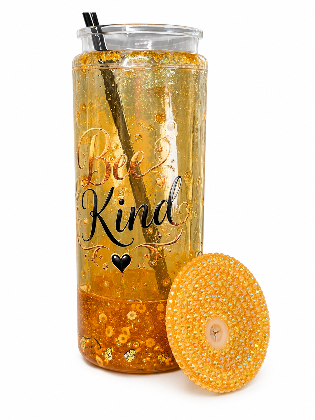 Amber acrylic snow globe tumbler with handle, 'Bee Kind' text and heart motif