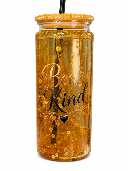 Amber acrylic snow globe tumbler with 'Bee Kind' script, glitter snow globe look