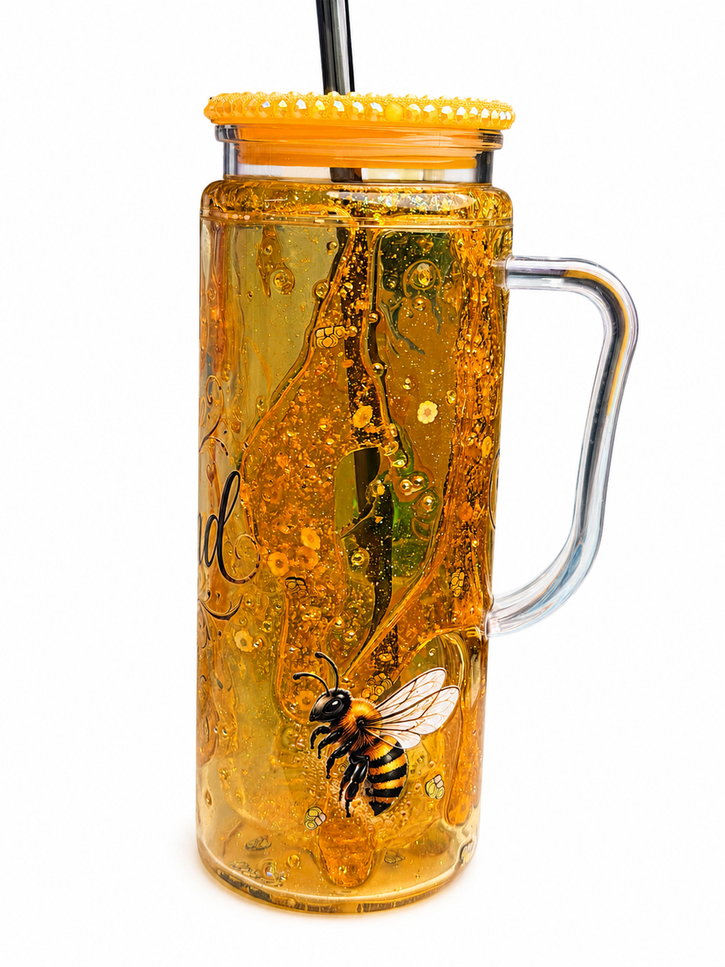Amber glitter acrylic snow globe tumbler with handle and bee charm design