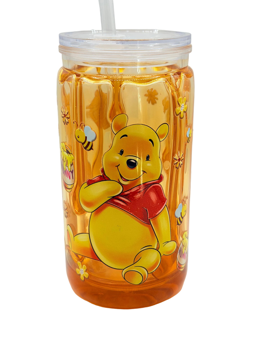 16 oz acrylic tumbler with lid and straw, honey color, Pooh front graphic
