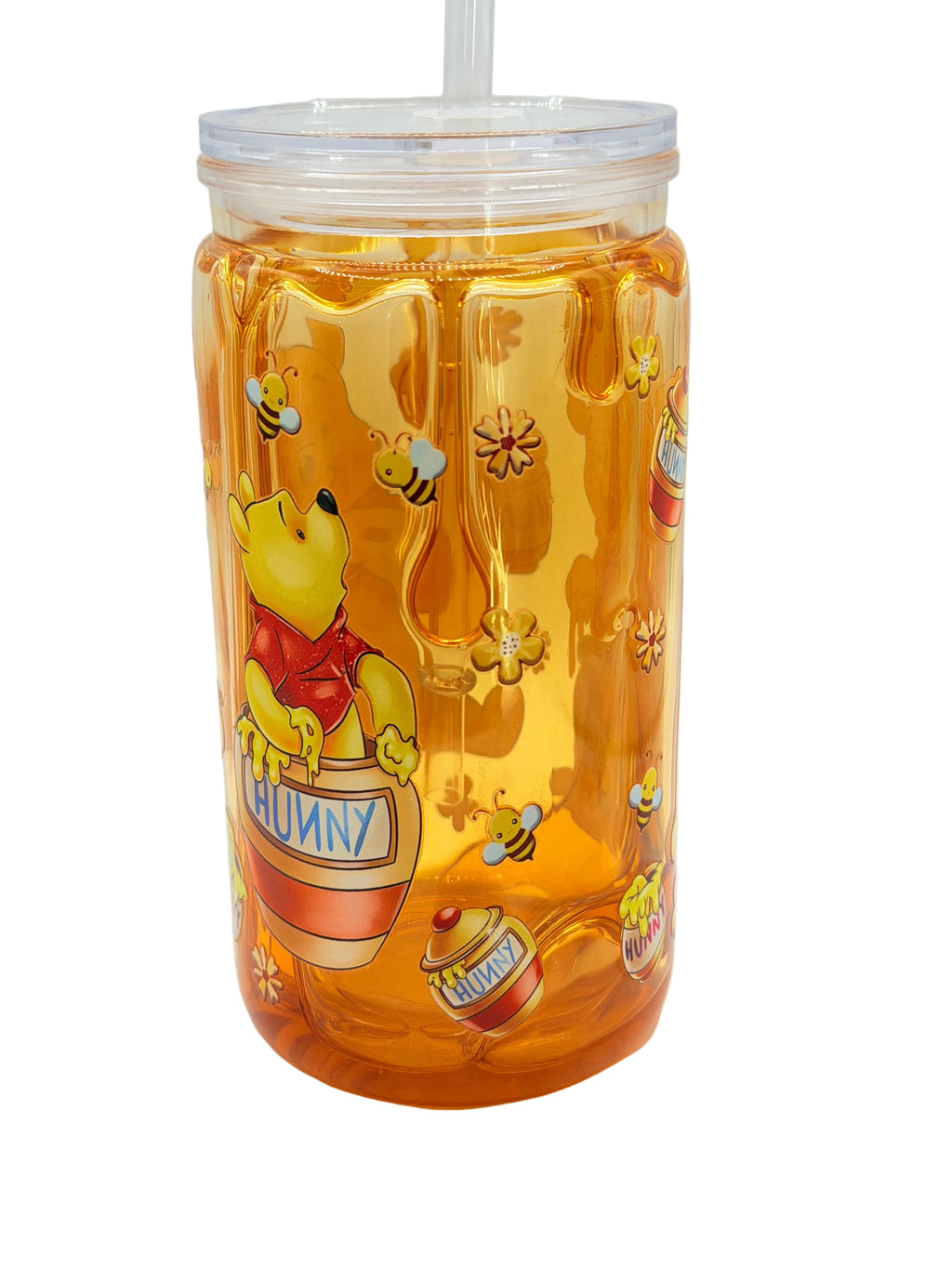 16 oz acrylic tumbler with lid and straw, honey color, Pooh character pattern