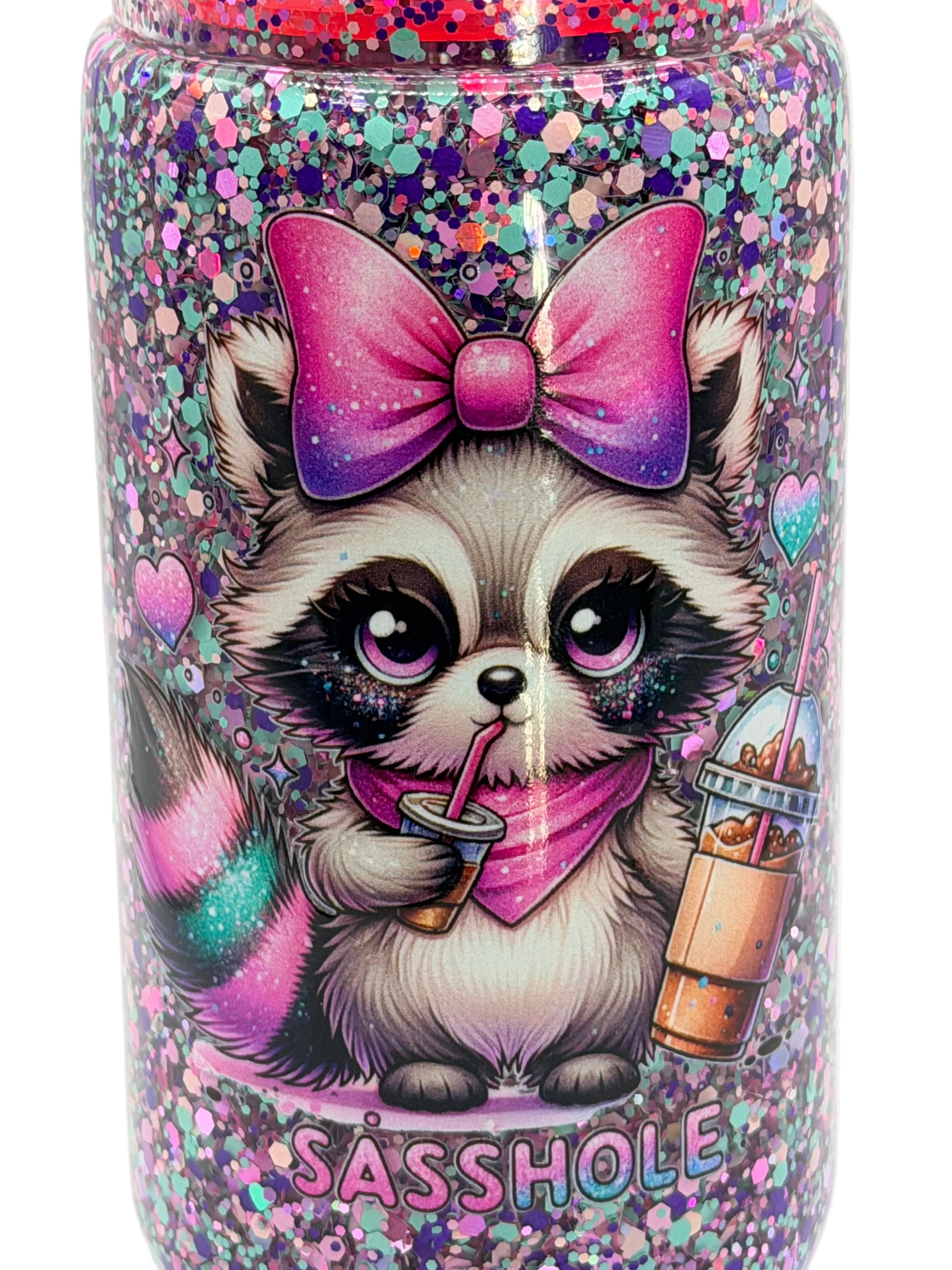 Glitter 16-ounce cup with cat face, purple bow, and Sasshole logo text