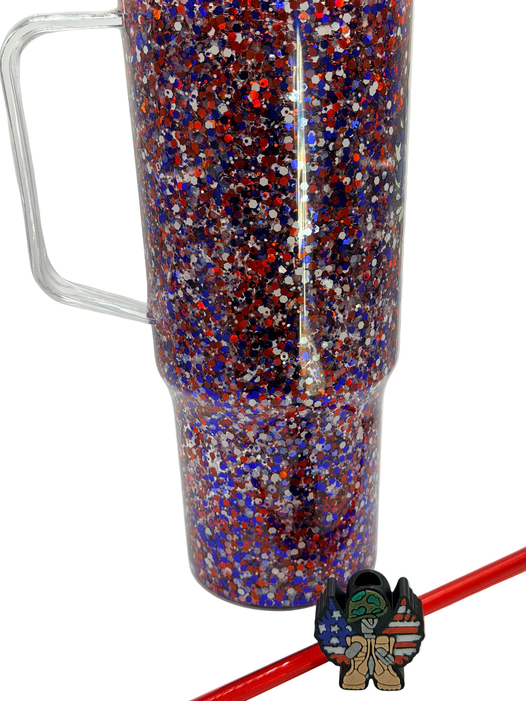 Glitter tumbler cup with clear handle, red straw, blue-red-silver glitter texture