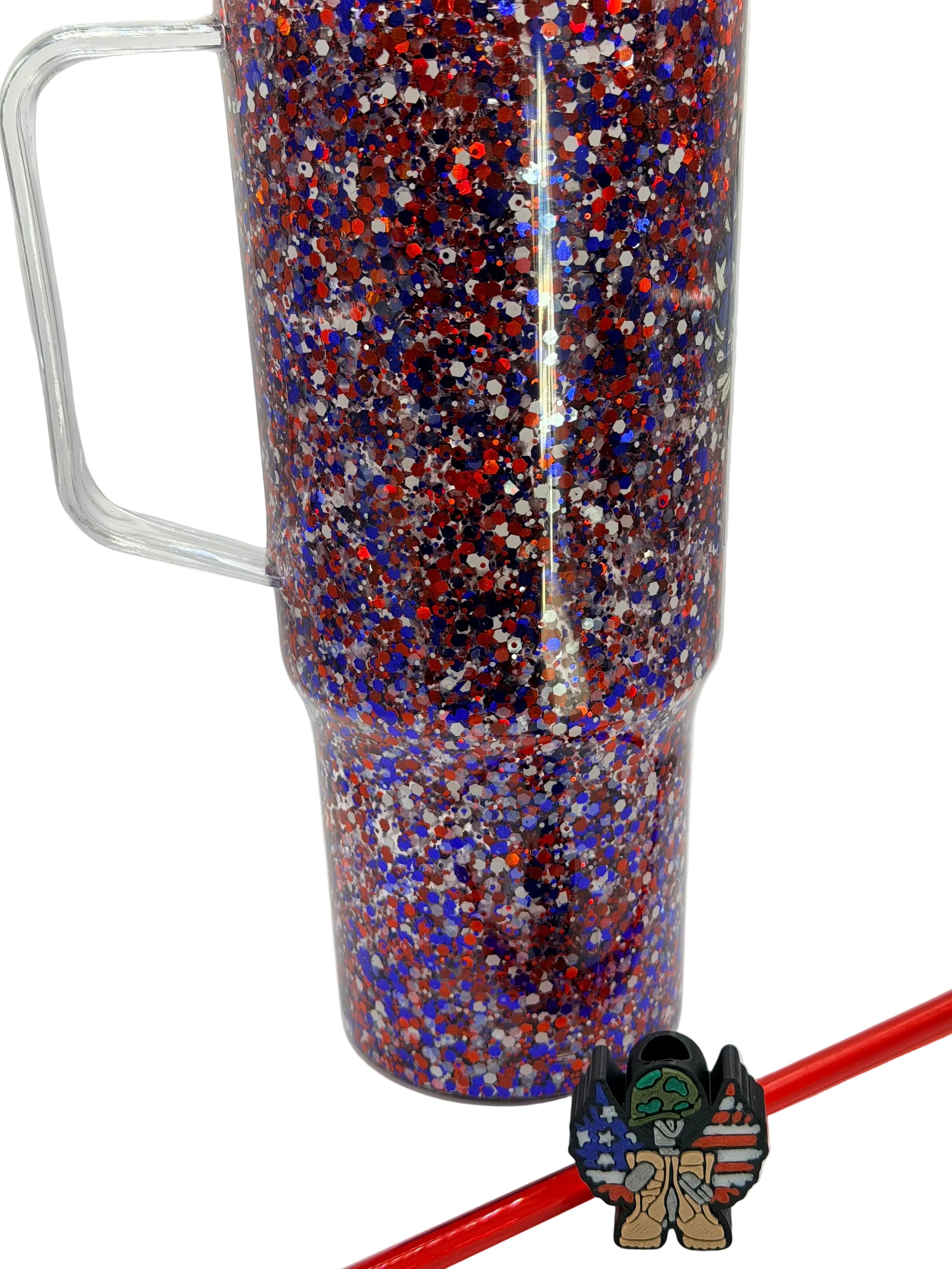 Glitter tumbler cup with clear handle, red straw, blue-red-silver glitter texture
