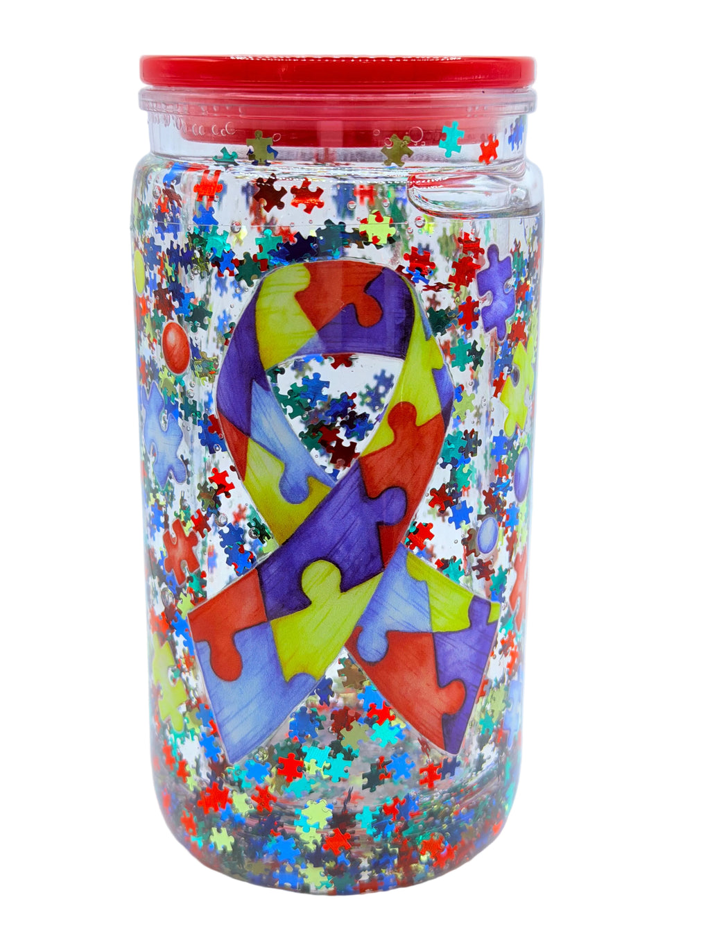 16 oz glitter autism cup, clear plastic with red lid and colorful puzzle heart design