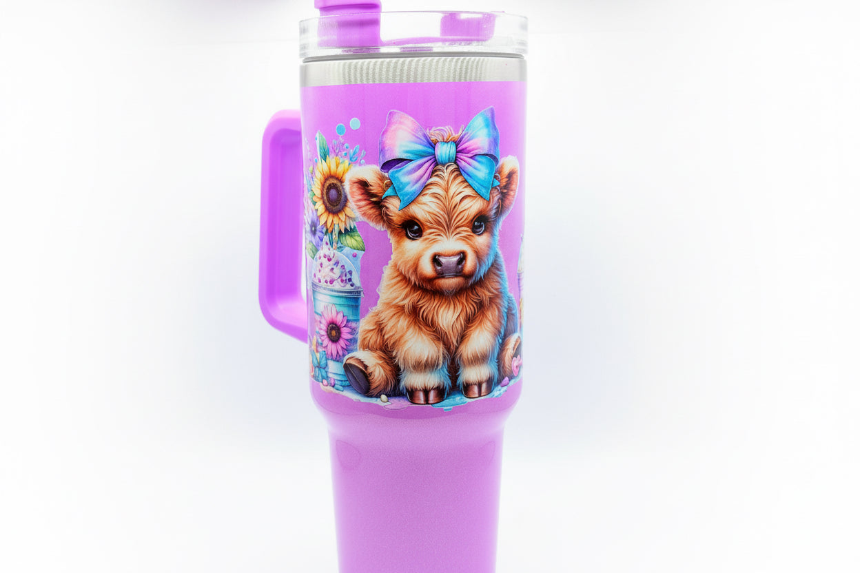 Purple stainless steel coffee cup with lid, blue-bow puppy graphic