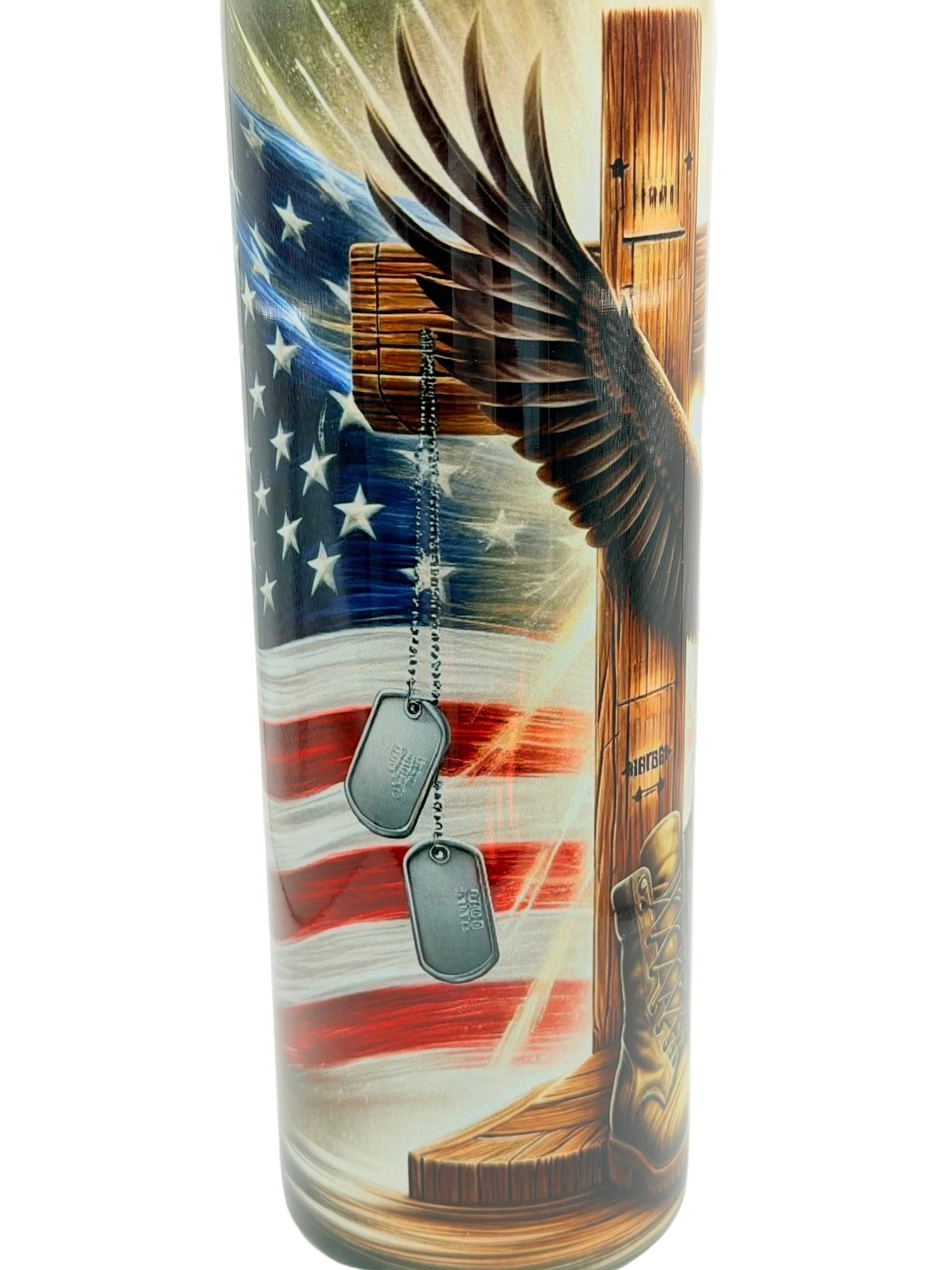 Stainless steel travel cup with patriotic eagle and flag design, plus dog tags