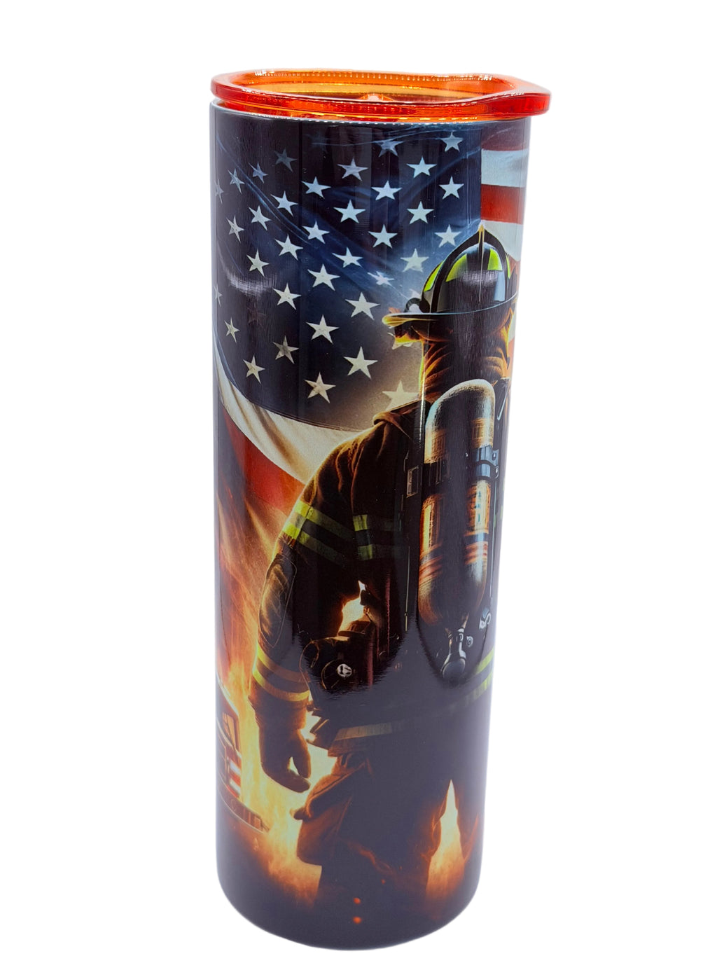 Firefighter stainless steel cup with orange lid and patriotic firefighter and flames graphic