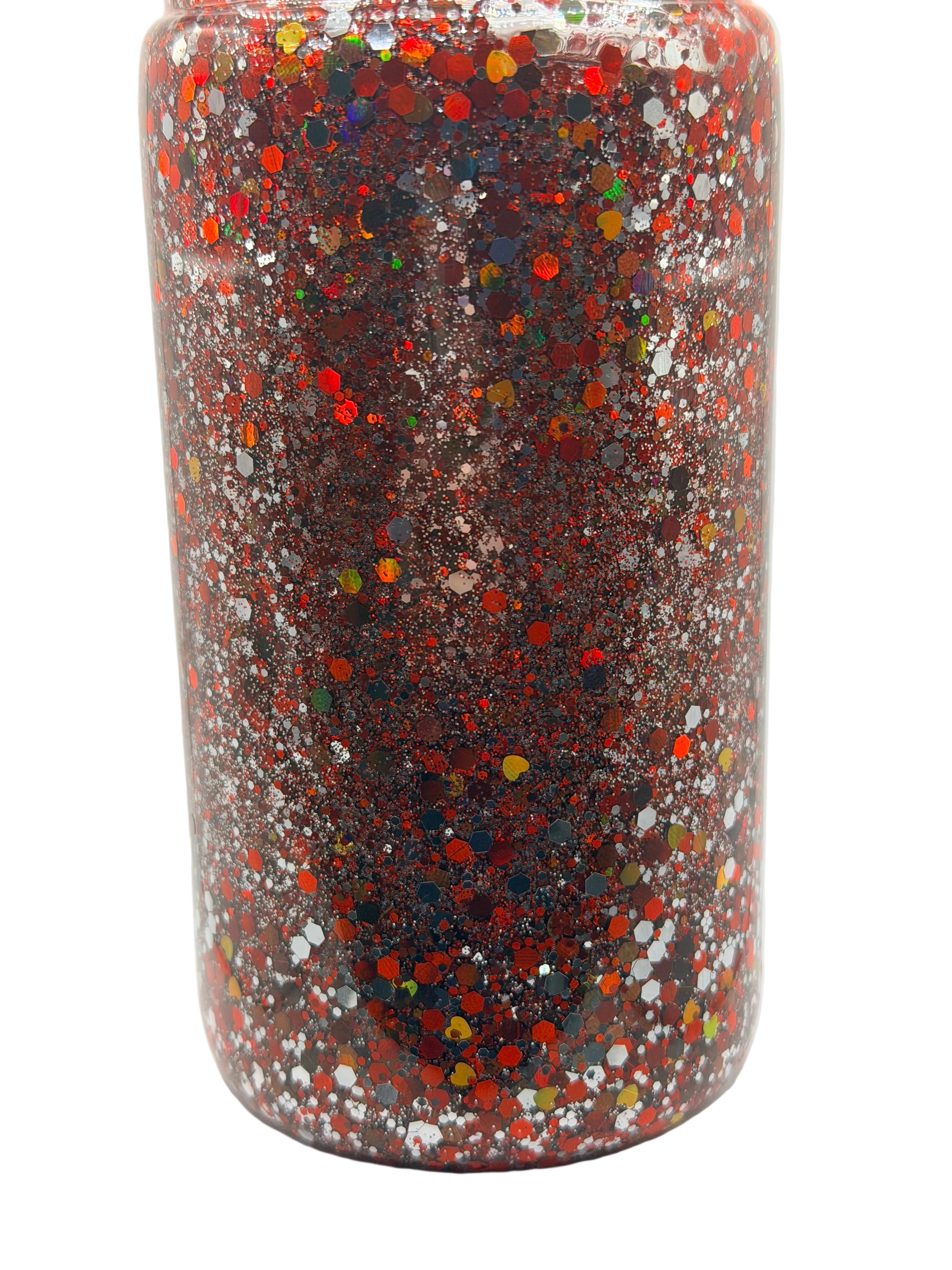16 oz glitter tumbler close-up, red, silver, multicolor confetti finish