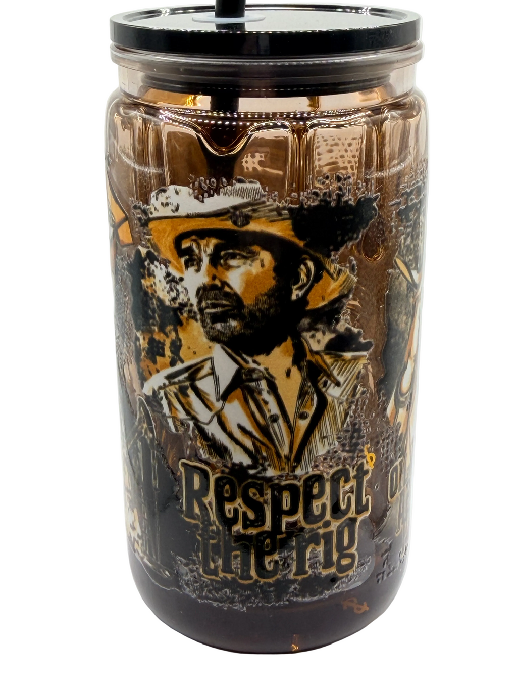 Oil drip style drink cup close-up with black lid, cowboy portrait and 'Respect' text