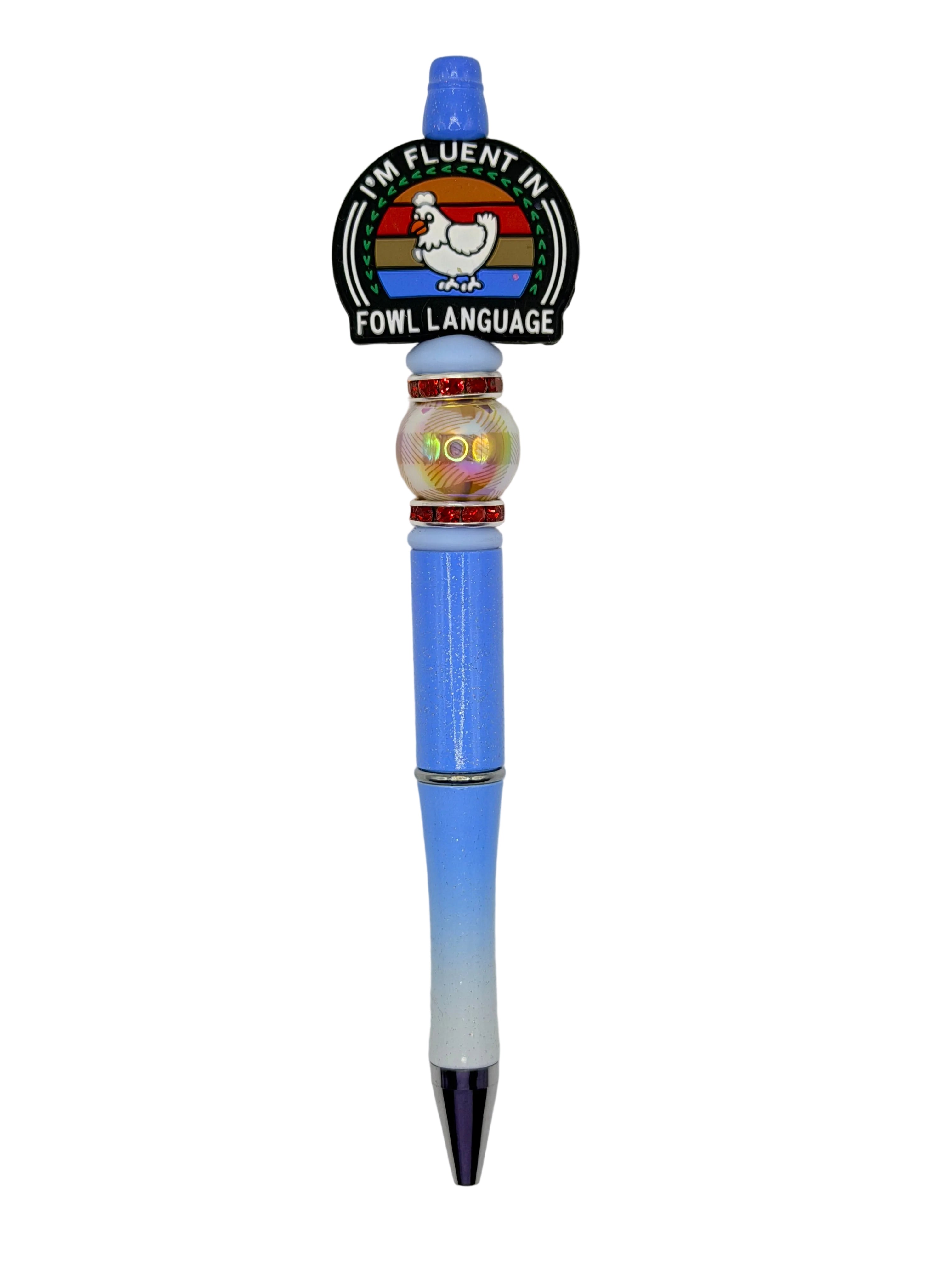 Blue ballpoint pen with circular Fowl Language logo cap