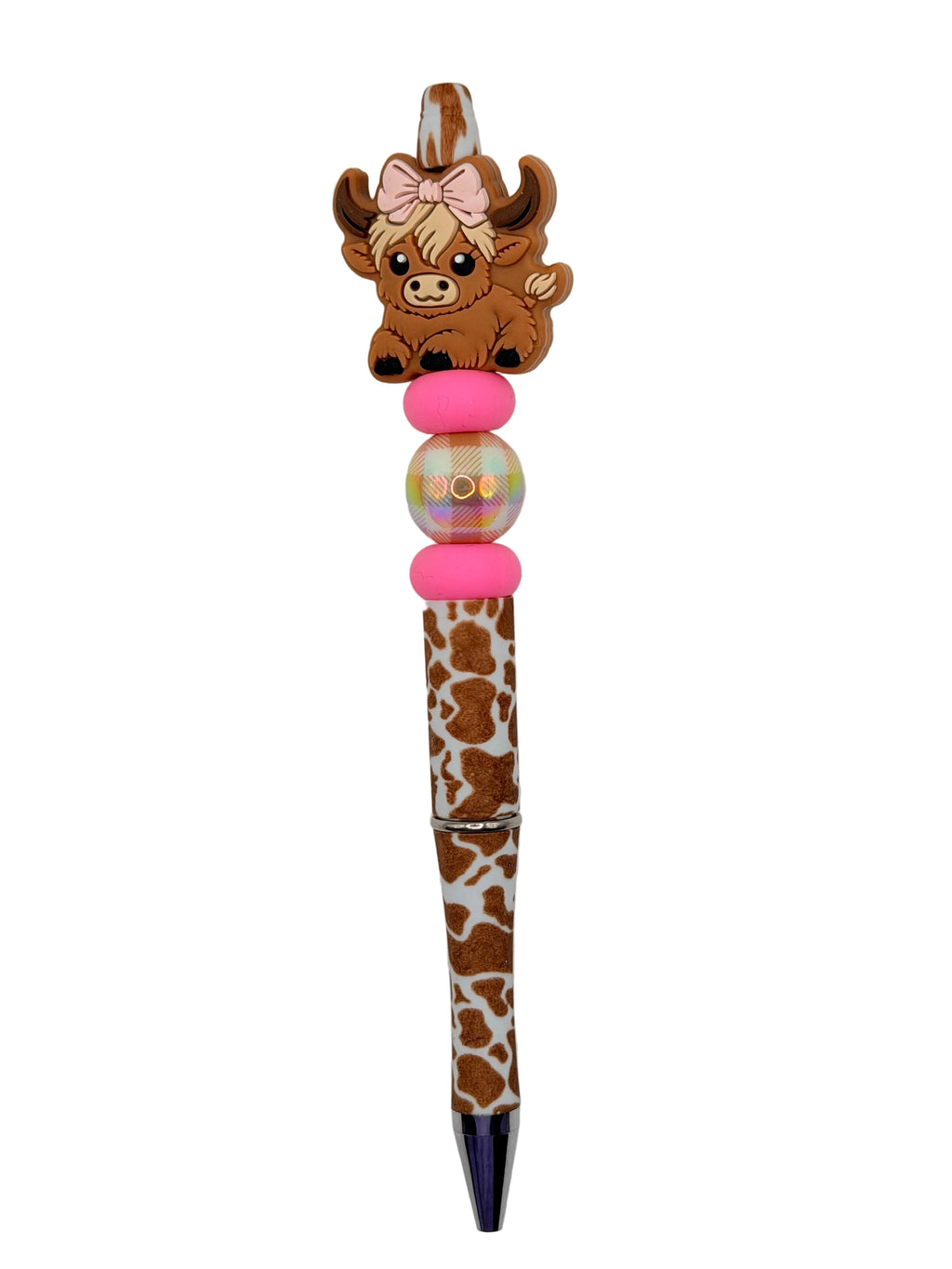 Cow character novelty pen with pink bow, pink bead top, brown spotted barrel