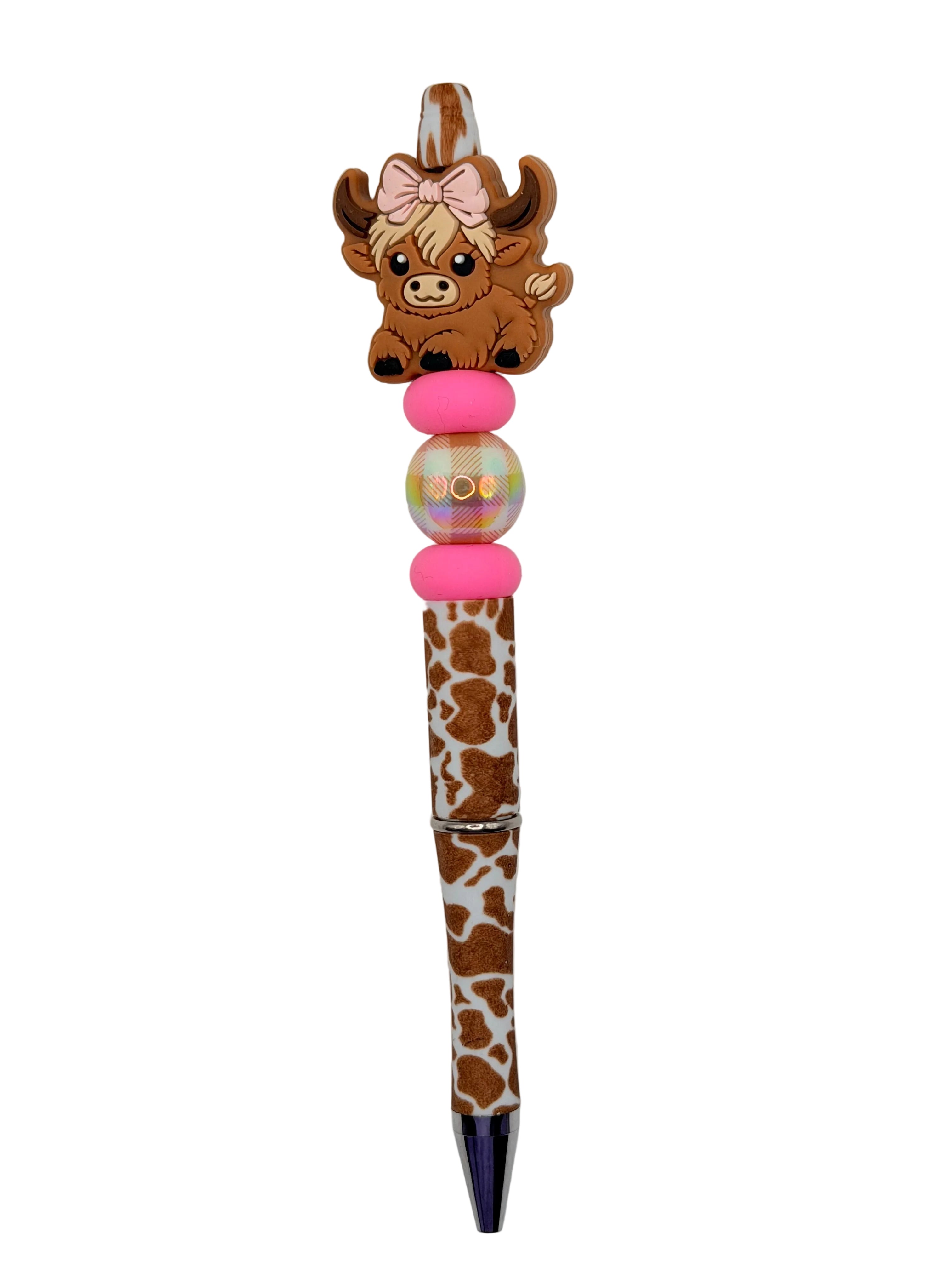 Cow character novelty pen with pink bow, pink bead top, brown spotted barrel