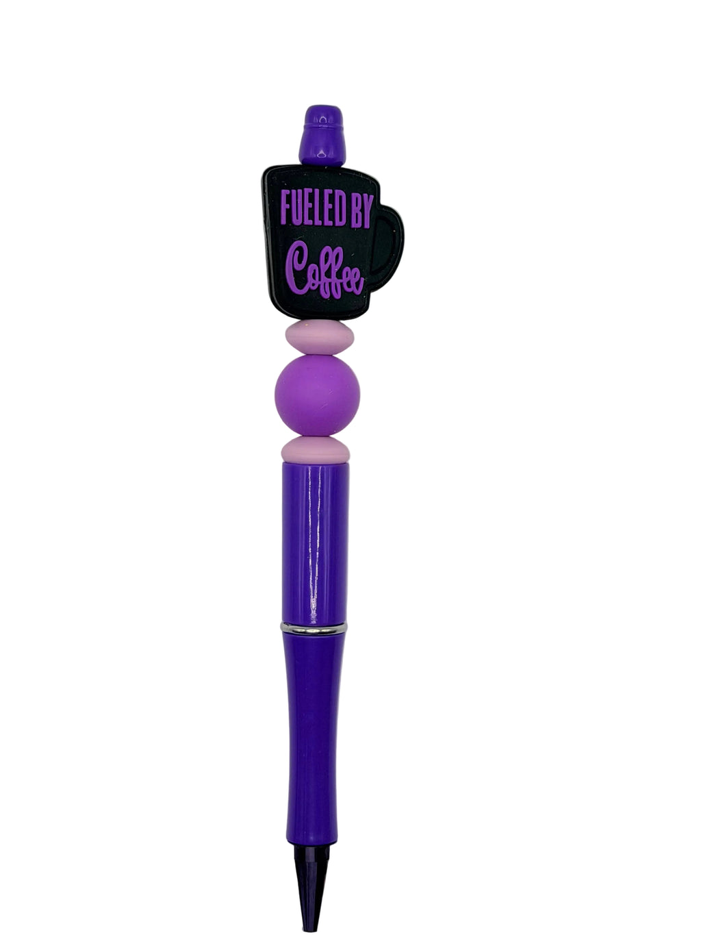 Purple pen with black label reading “Fueled by Coffee” and pointed ink tip