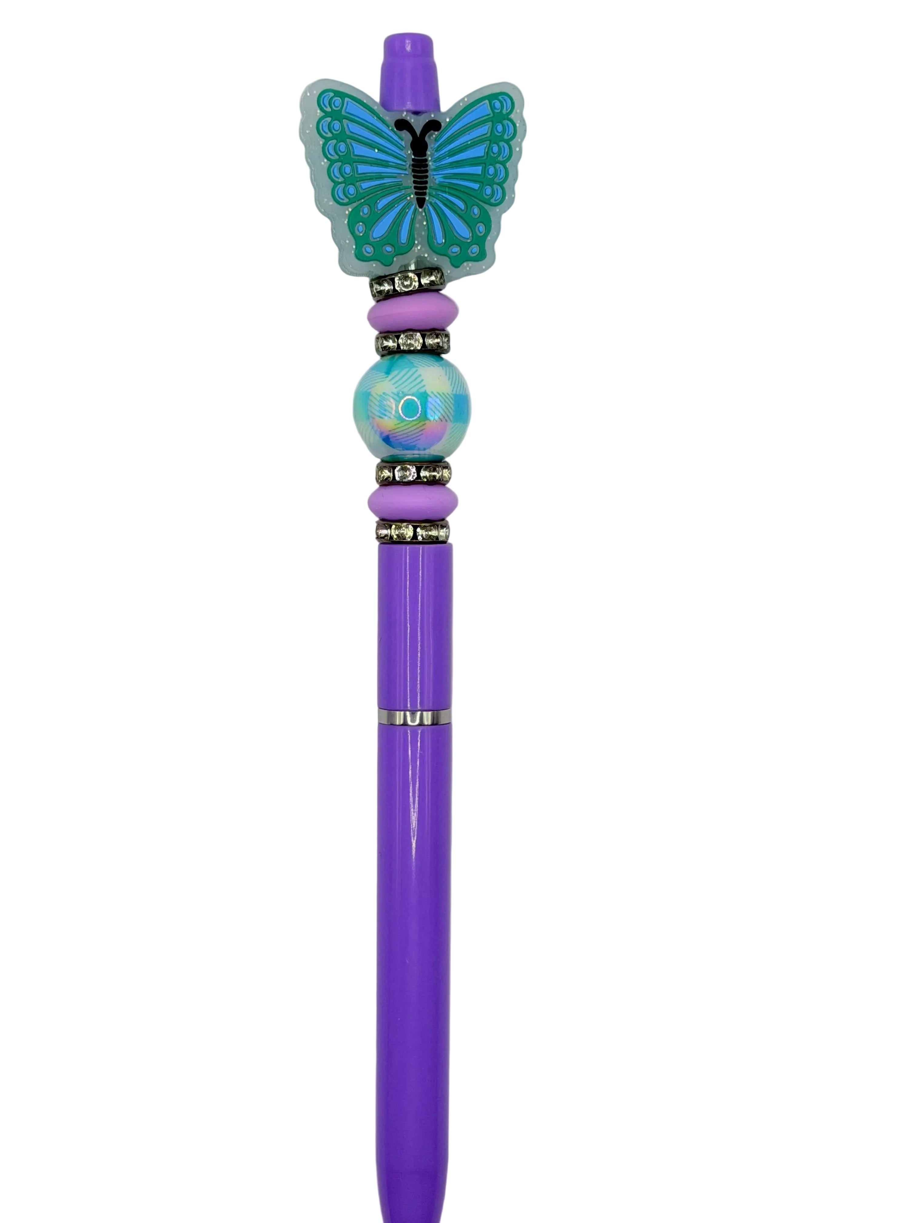 Purple butterfly pen with turquoise wing topper and bead accents