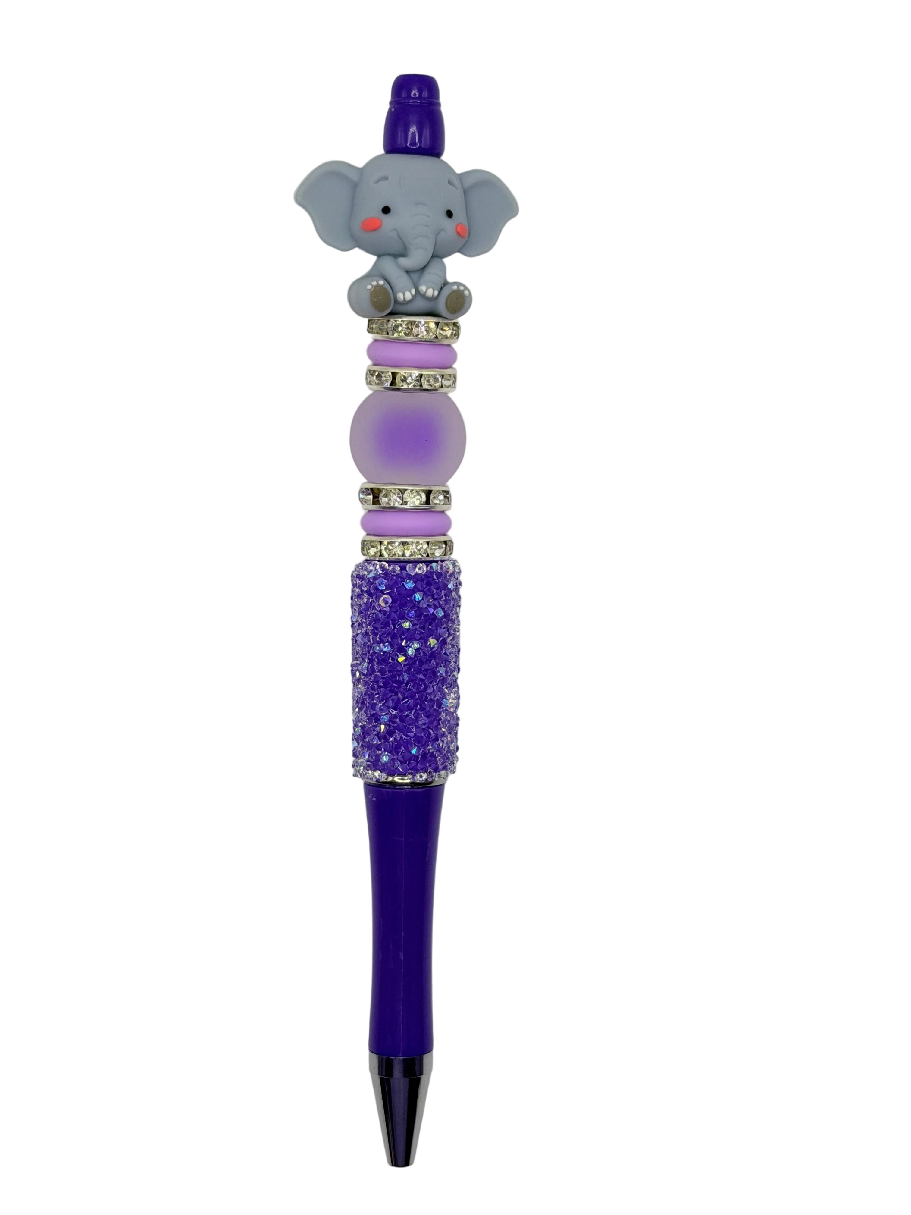 Elephant novelty pen with purple glitter barrel and stacked gem accents