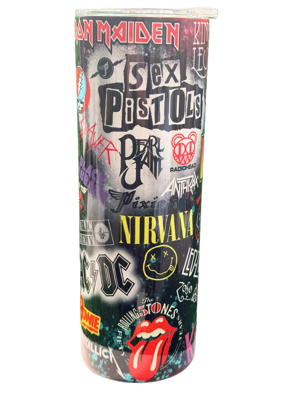 Stainless steel cup with colorful rock band logos, close front view, tumbler style