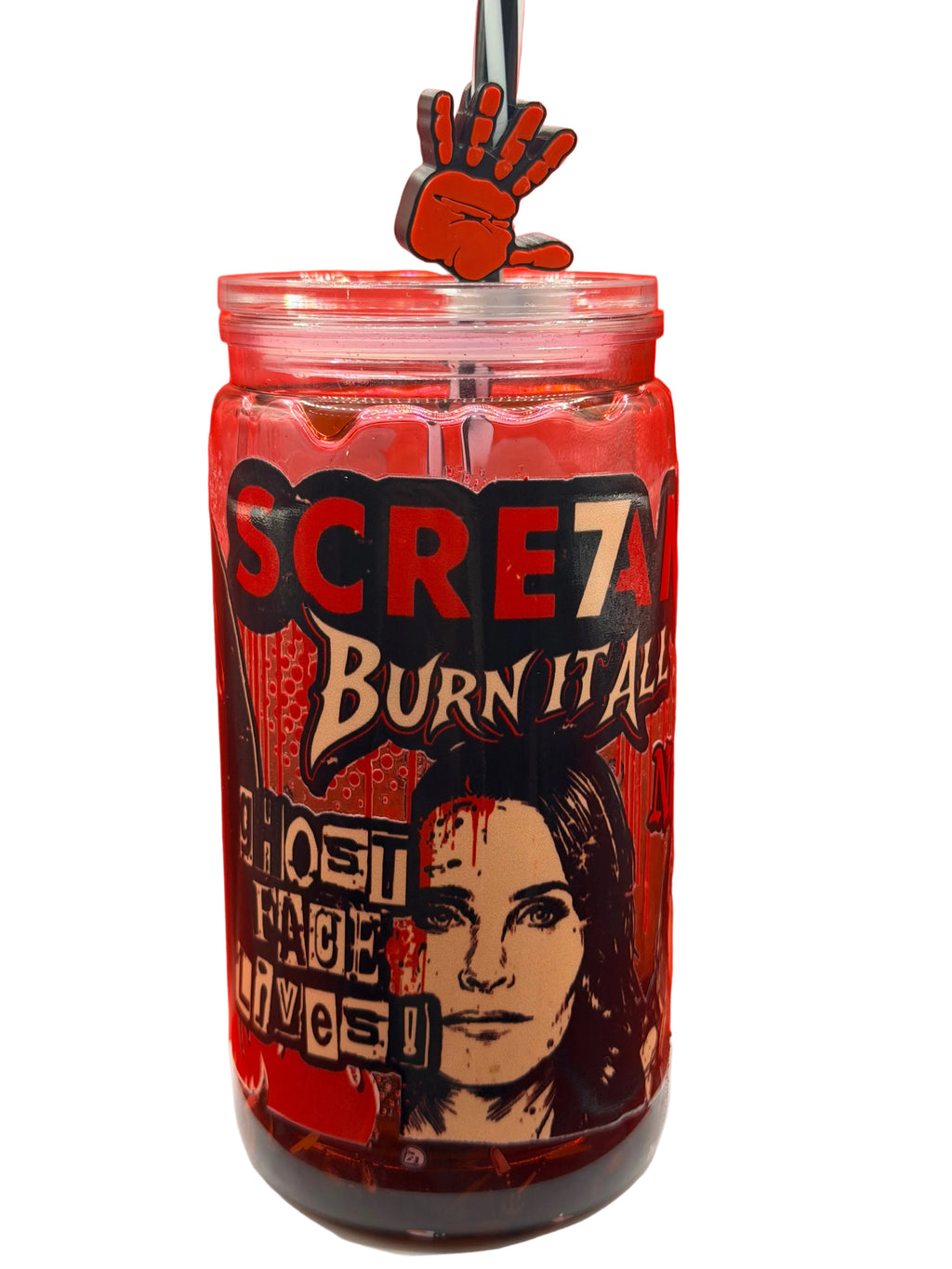 16 oz red translucent SCREAM drip cup with woman face graphic and screw lid