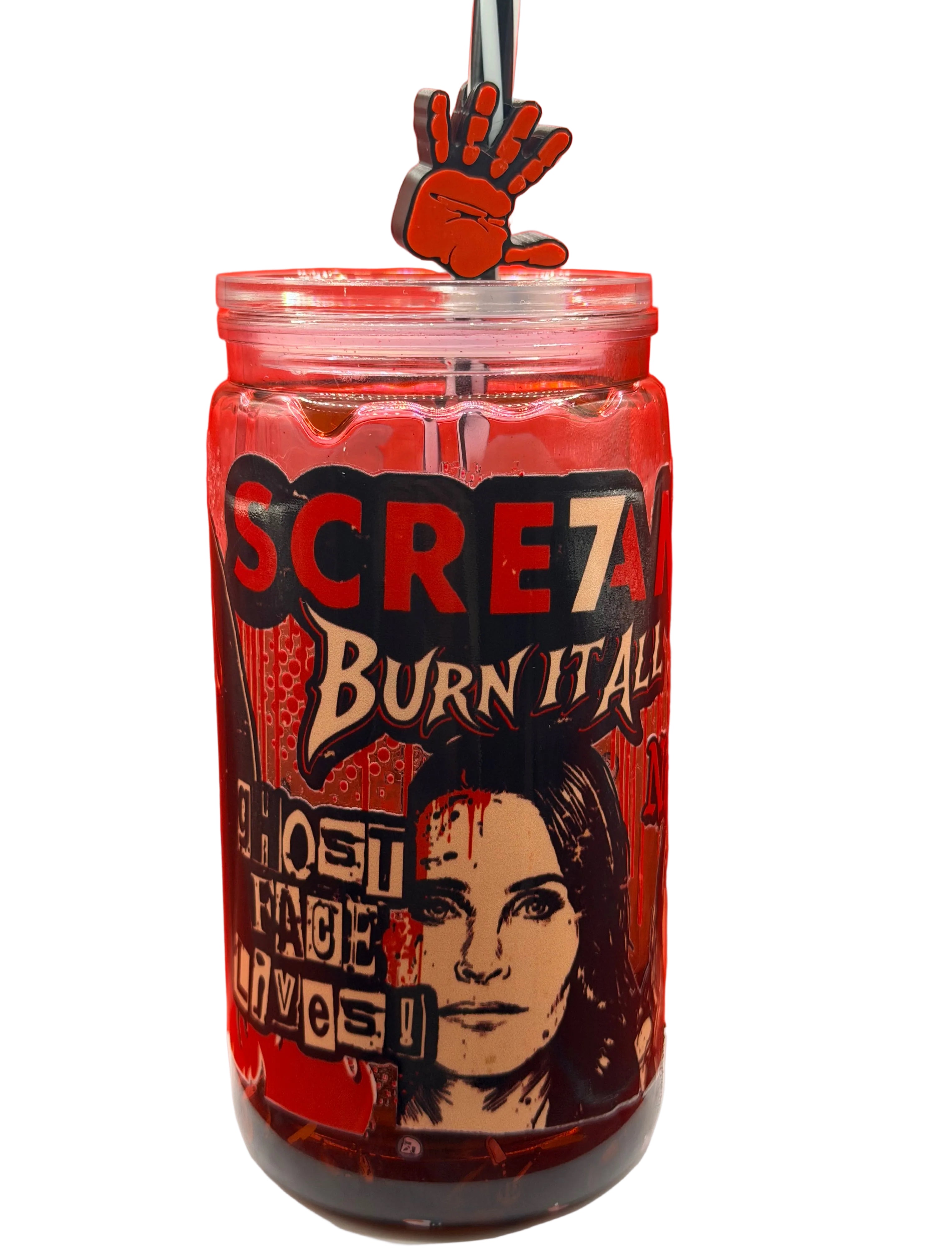 16 oz red translucent SCREAM drip cup with woman face graphic and screw lid