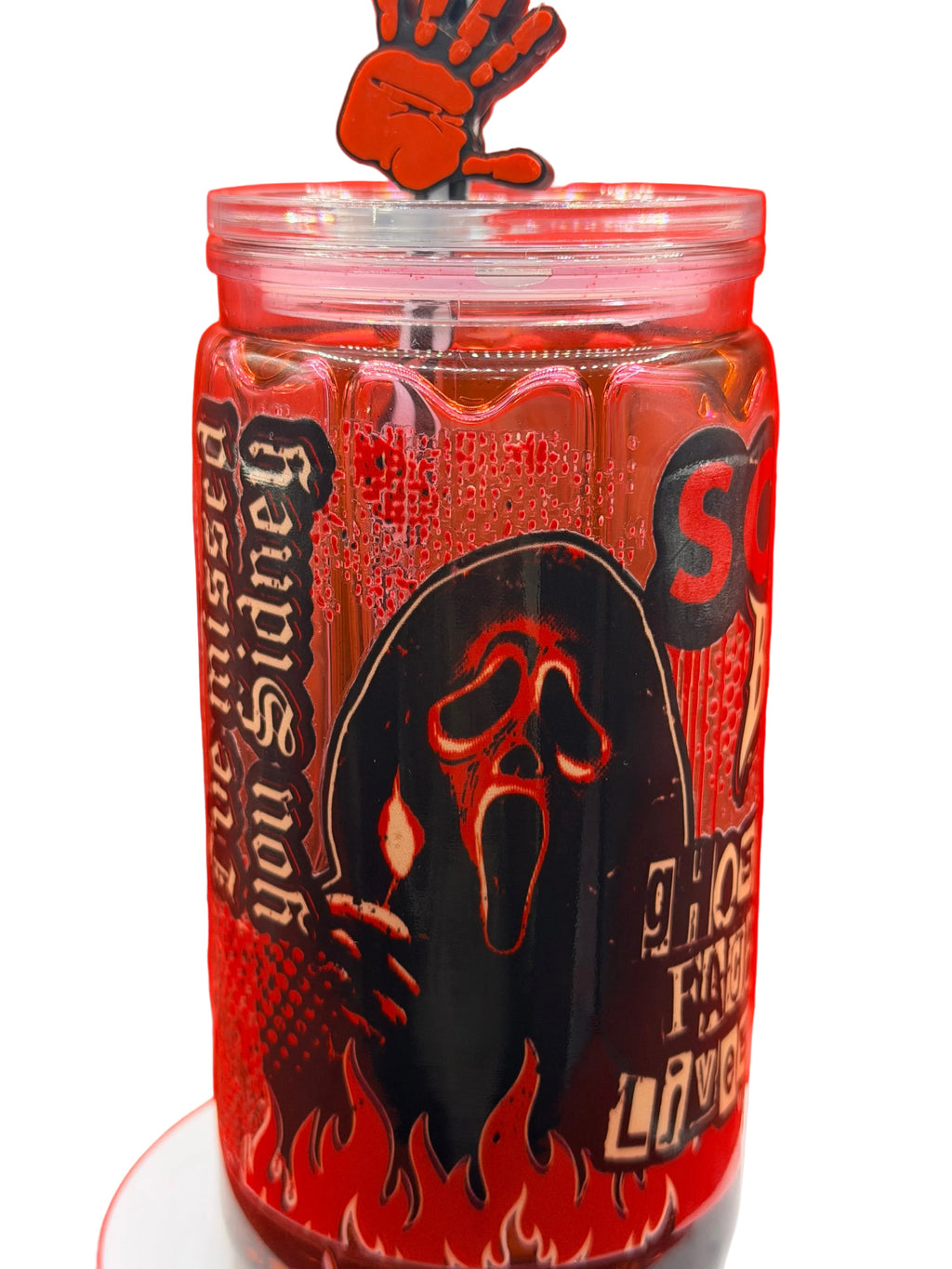 16 oz red translucent SCREAM drip cup with black skull graphic and screw lid