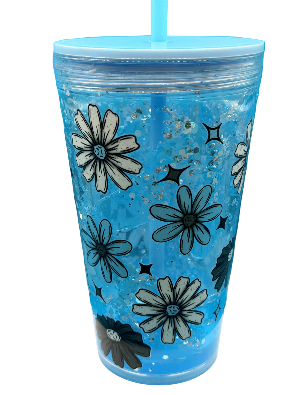 Blue acrylic snow globe cup with lid and straw, floral and glitter bubble design