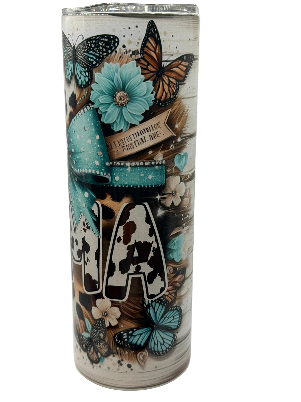 Stainless steel cup with teal butterfly and flower print, tall cylindrical