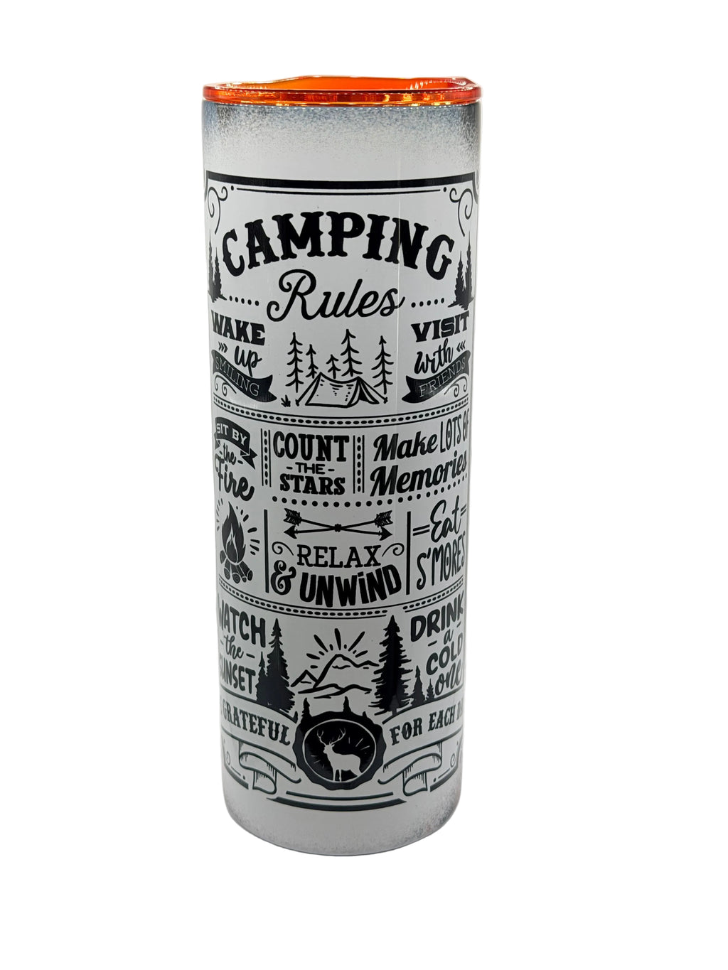 Stainless steel camping cup with monochrome 'Camping Rules' pattern and orange lid