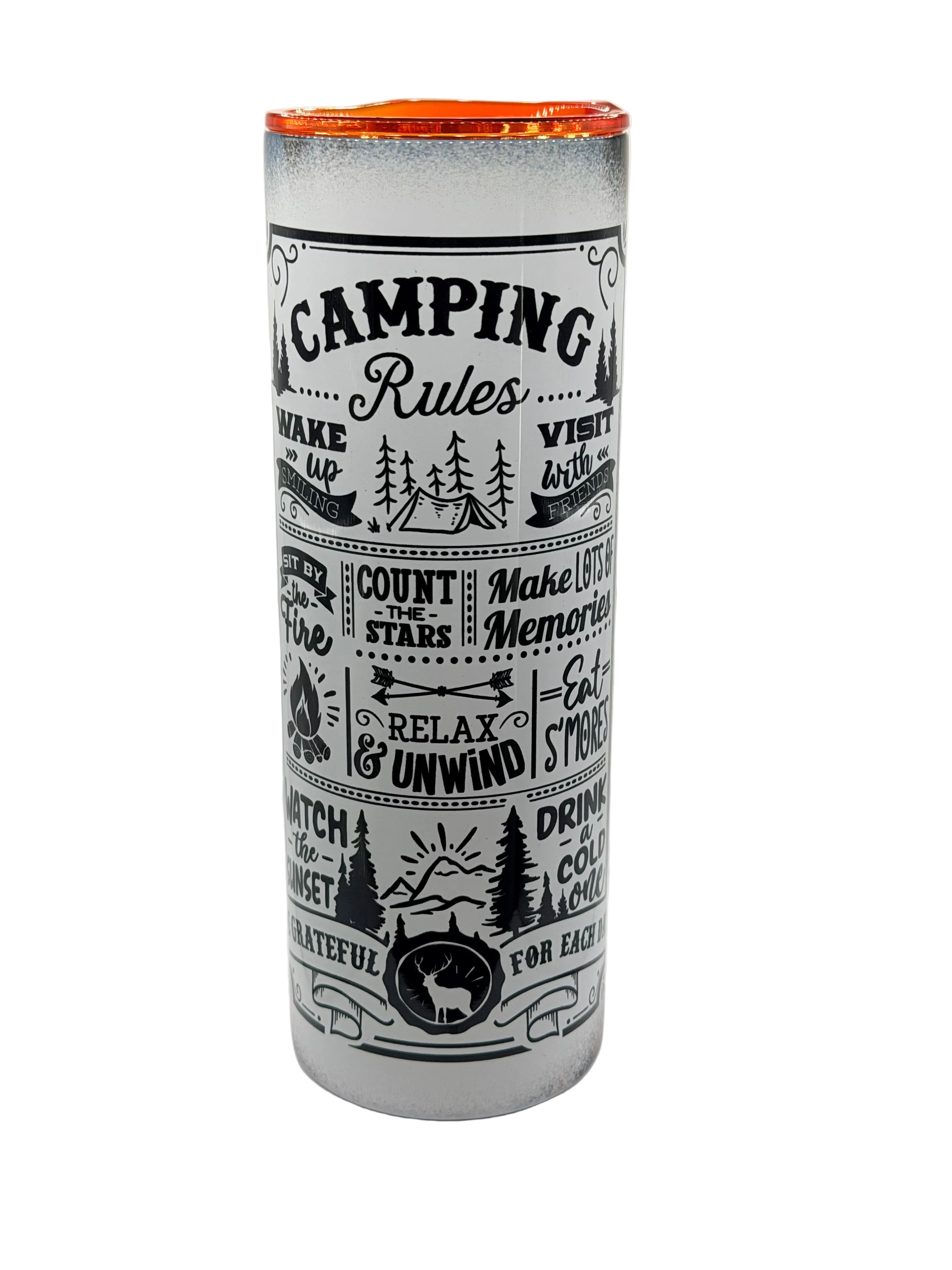 Stainless steel camping cup with monochrome 'Camping Rules' pattern and orange lid